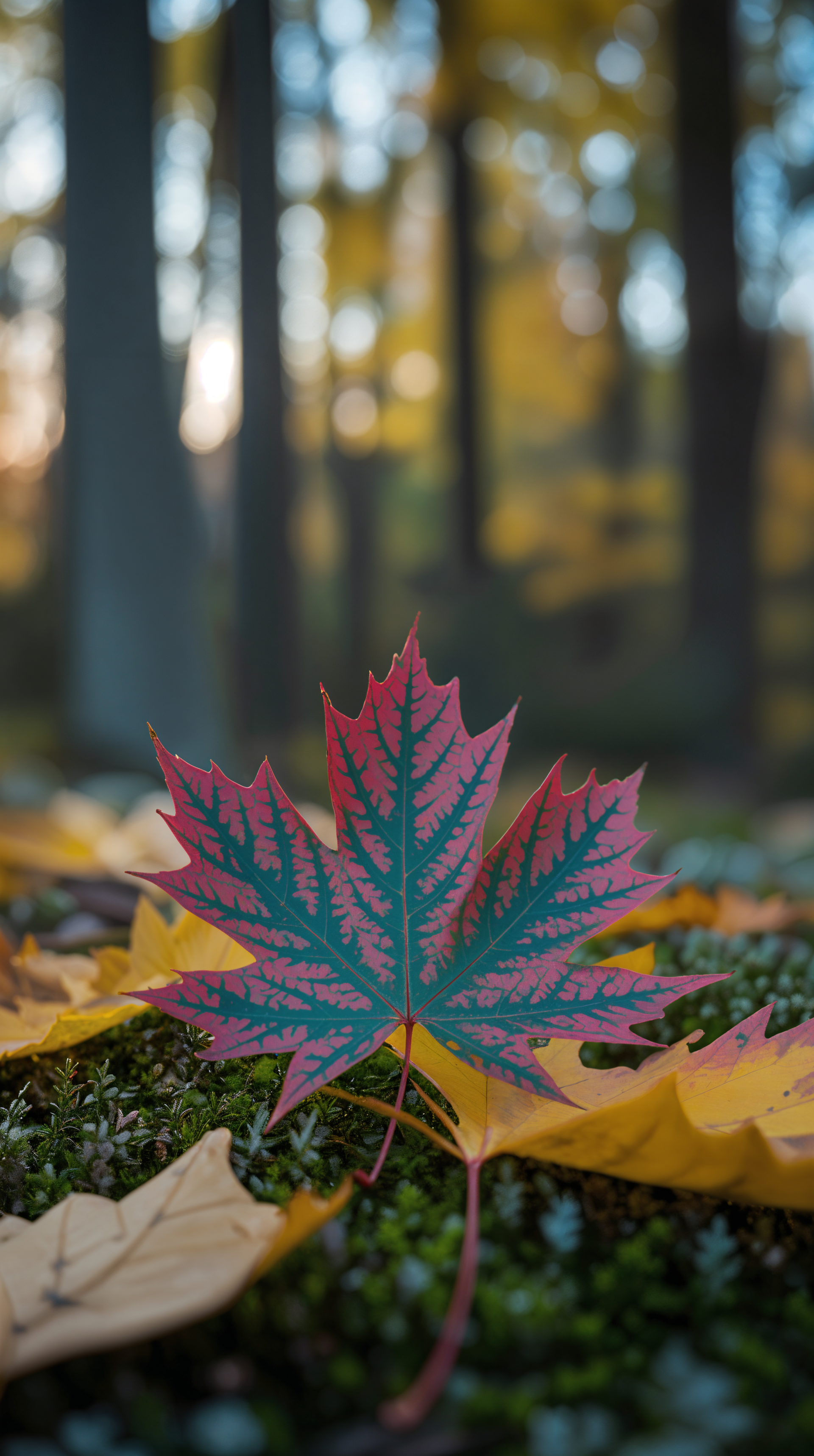 Autumn aesthetic phone wallpaper for iPhone and Android: close-up of a red-green maple leaf on moss with blurred golden trees in the background.