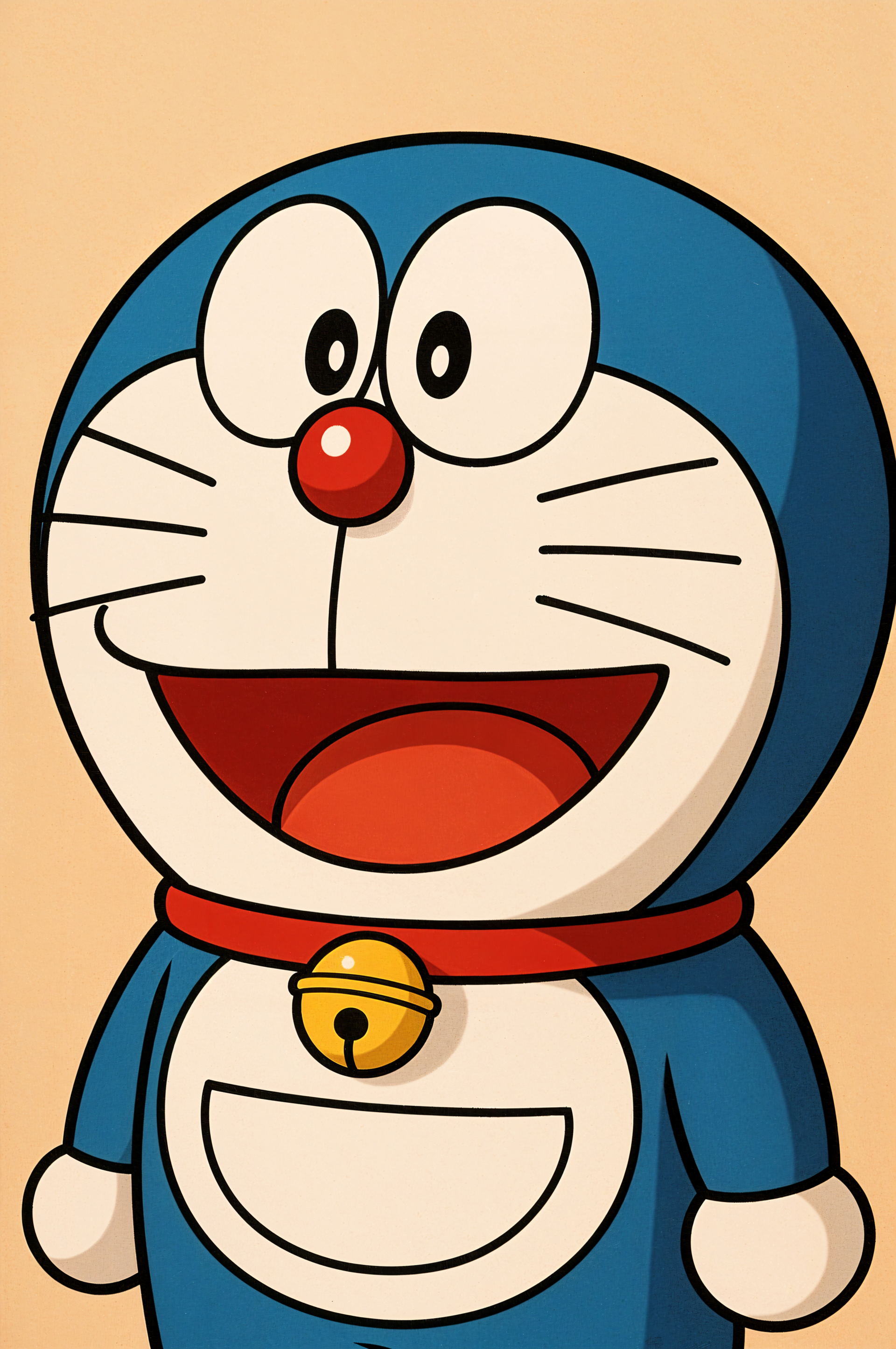 Smiling Doraemon close-up on a warm beige background, phone wallpaper formatted to fit iPhone and Android screens.