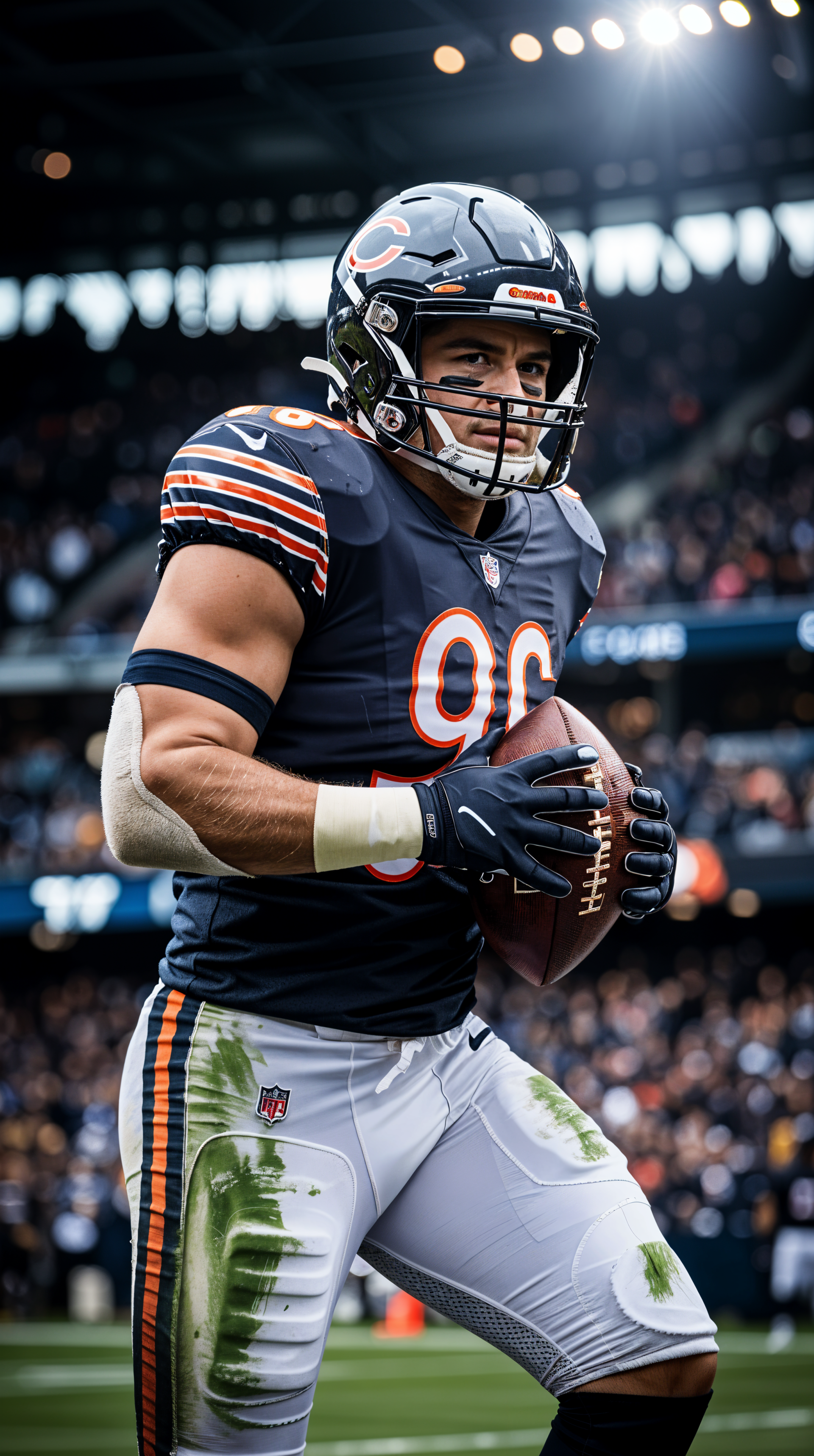 Vertical phone wallpaper of a Chicago Bears player in navy uniform gripping a football on the field, formatted for iPhone and Android screens.