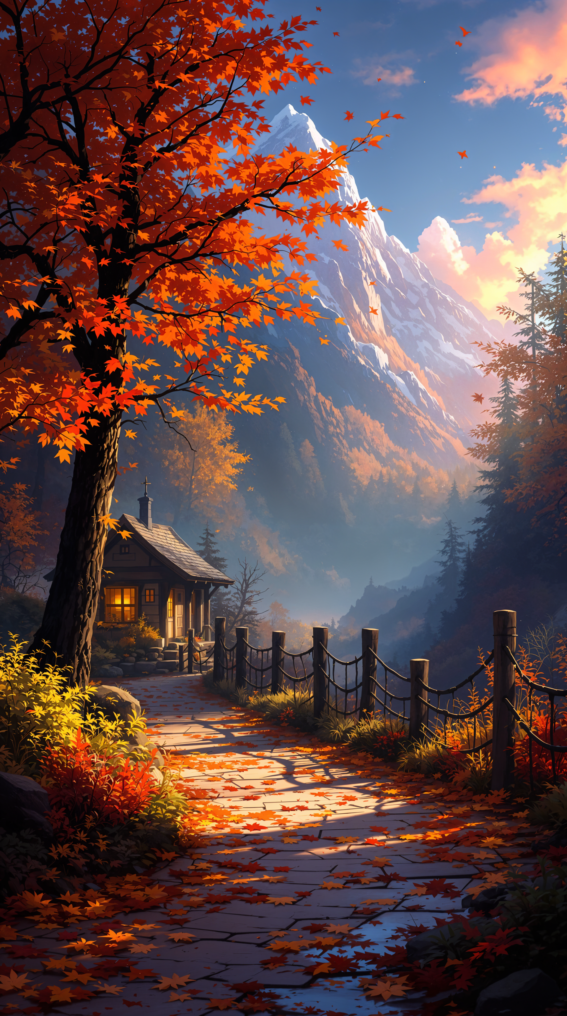 Cozy autumn phone wallpaper showing a lit cabin and leaf-strewn path beneath orange maples, with distant snow-capped peaks — compatible with iPhone and Android.