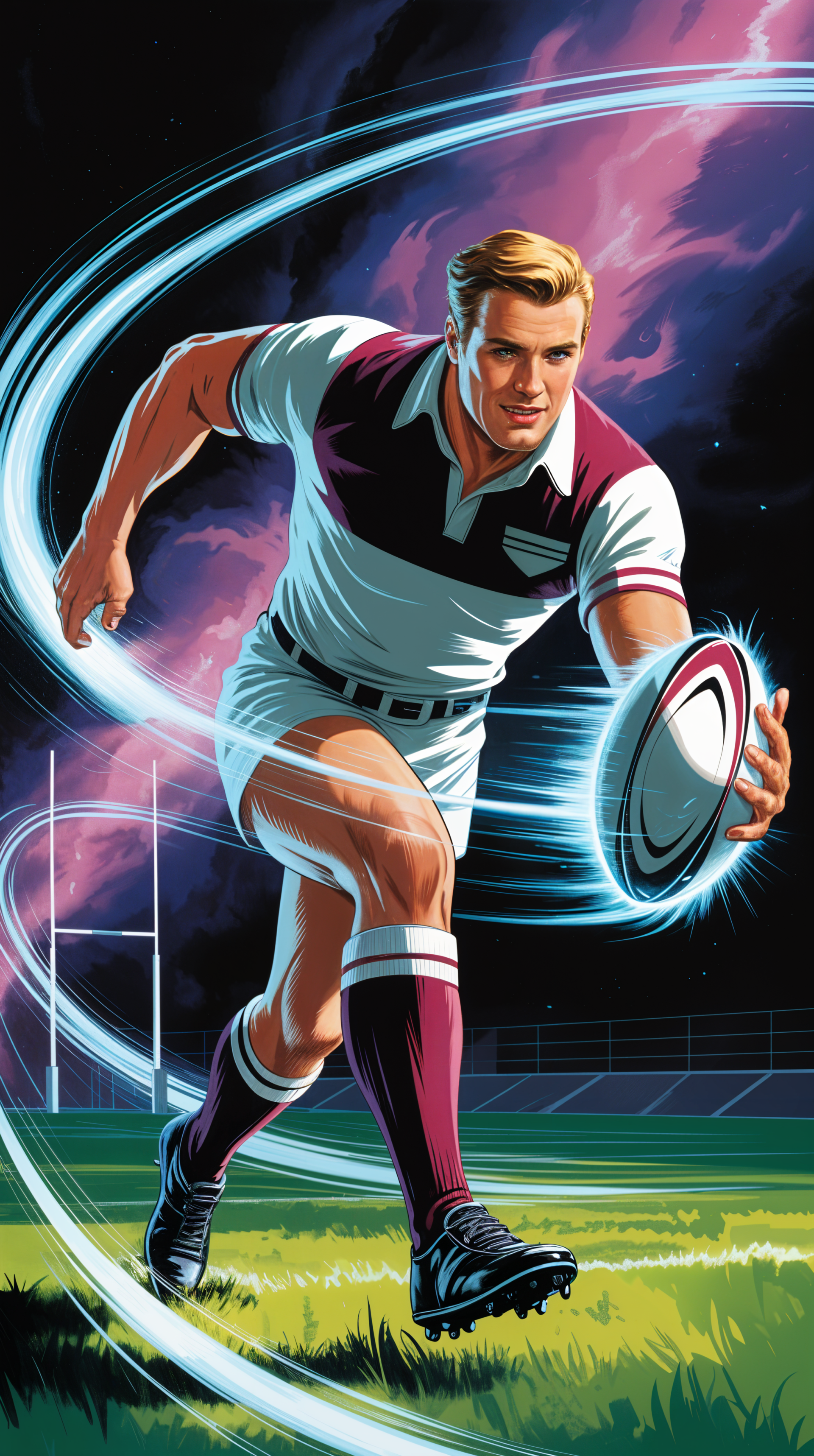 Rugby phone wallpaper for iPhone & Android: stylized player running with ball, swirling light trails, stadium at night, bold colors in portrait layout.