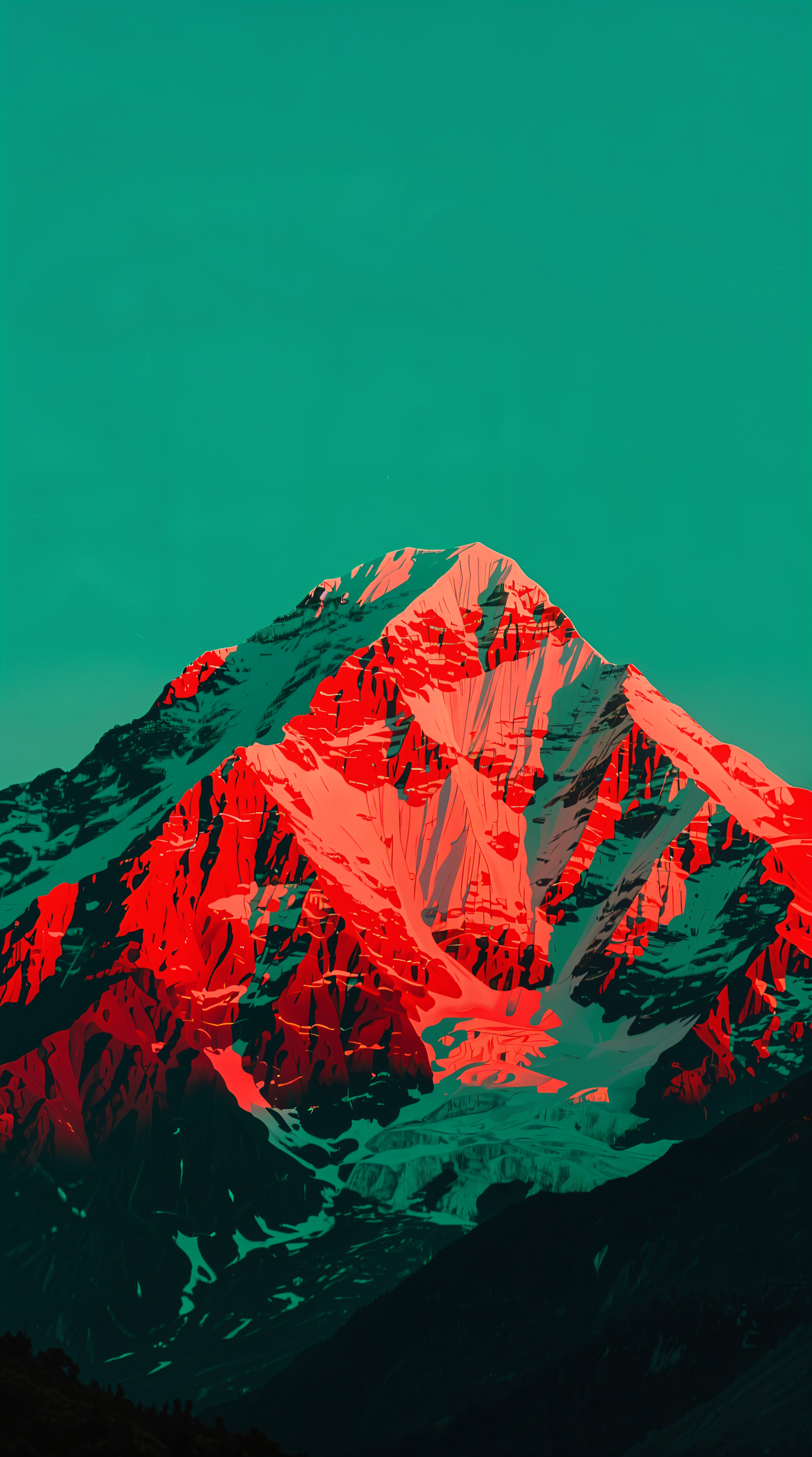 Phone wallpaper of a stylized summit: a red-tinged, snow-covered peak rising against a vivid teal sky.