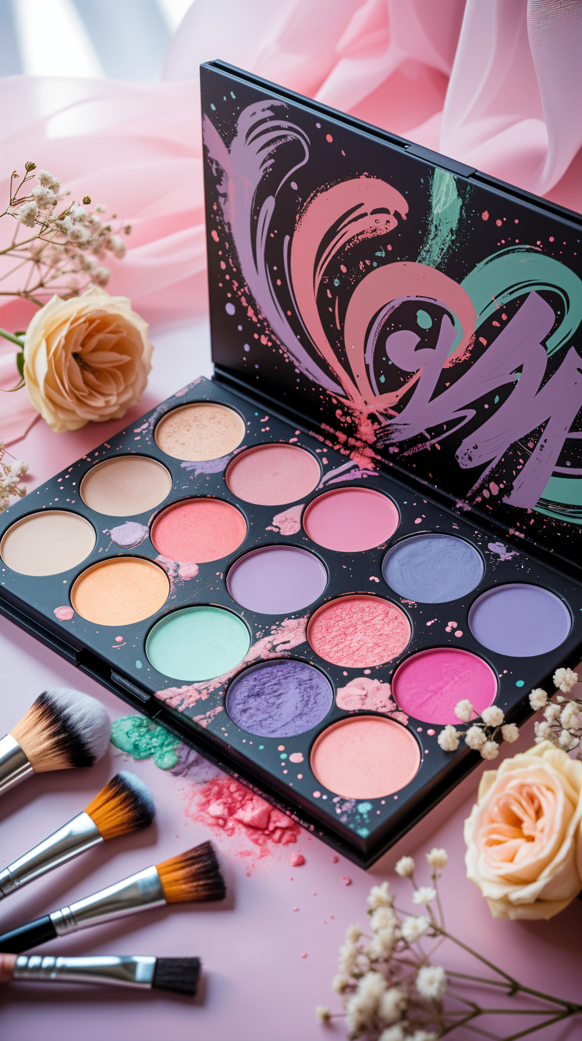 Vibrant makeup eyeshadow palette with brushes and pastel roses on pink draped fabric, shown as a phone wallpaper.