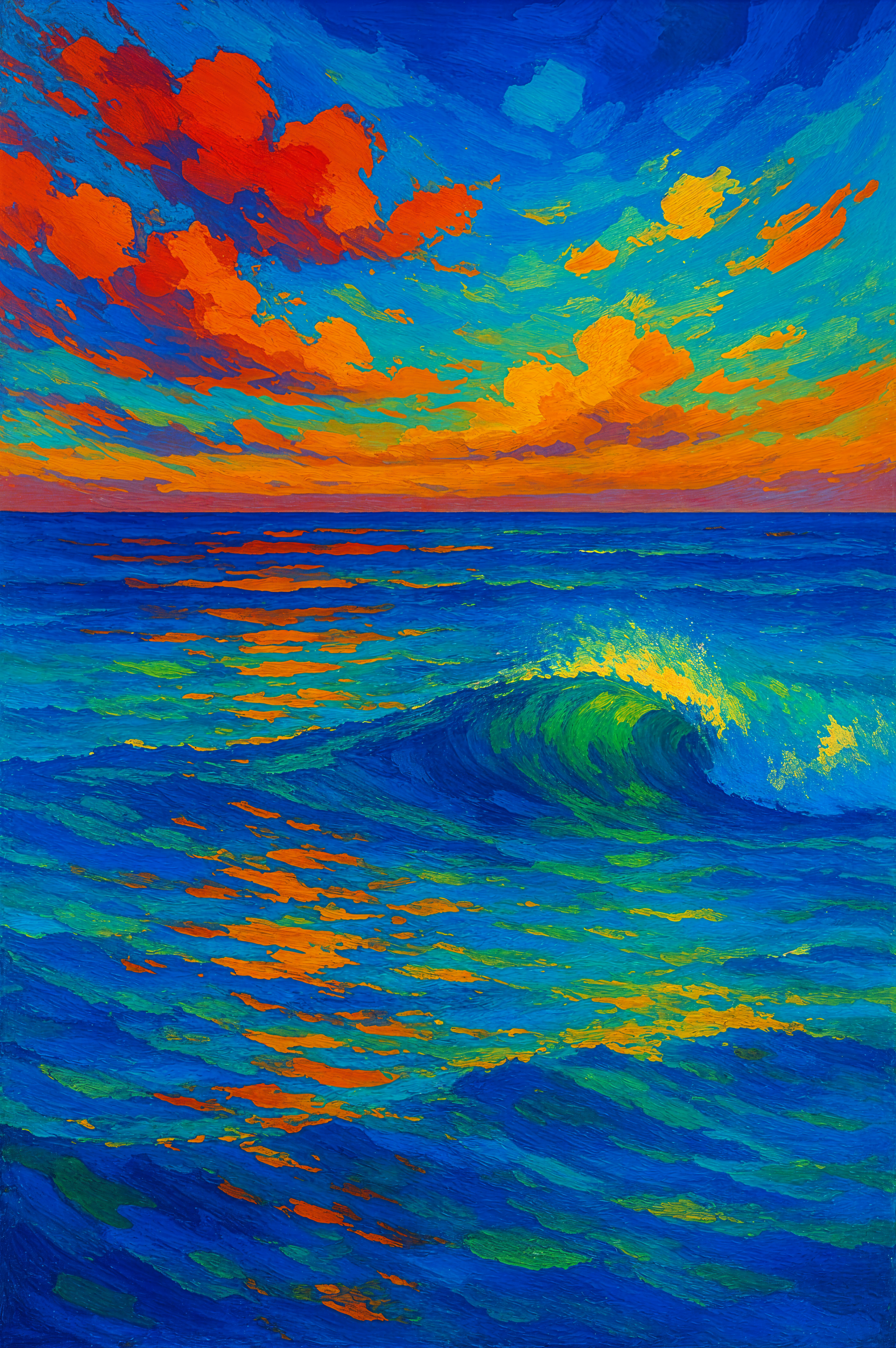 Vibrant oil-paint style ocean sunset with turquoise waves and glowing orange clouds, vertical phone wallpaper composition.