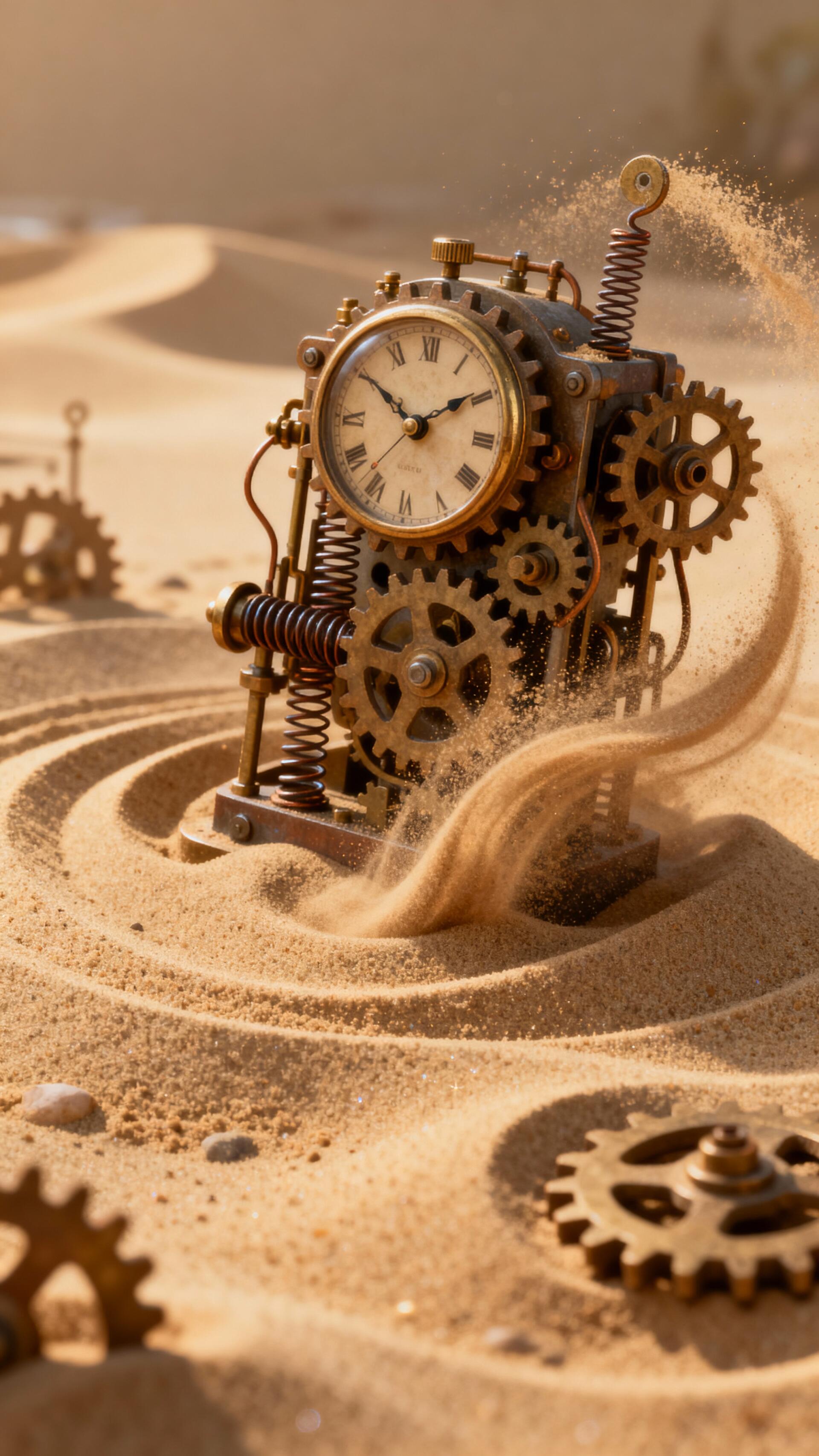 Phone wallpaper showing a clockwork brass timepiece with Roman numerals and exposed gears, half-buried in desert sand with swirling grain patterns.