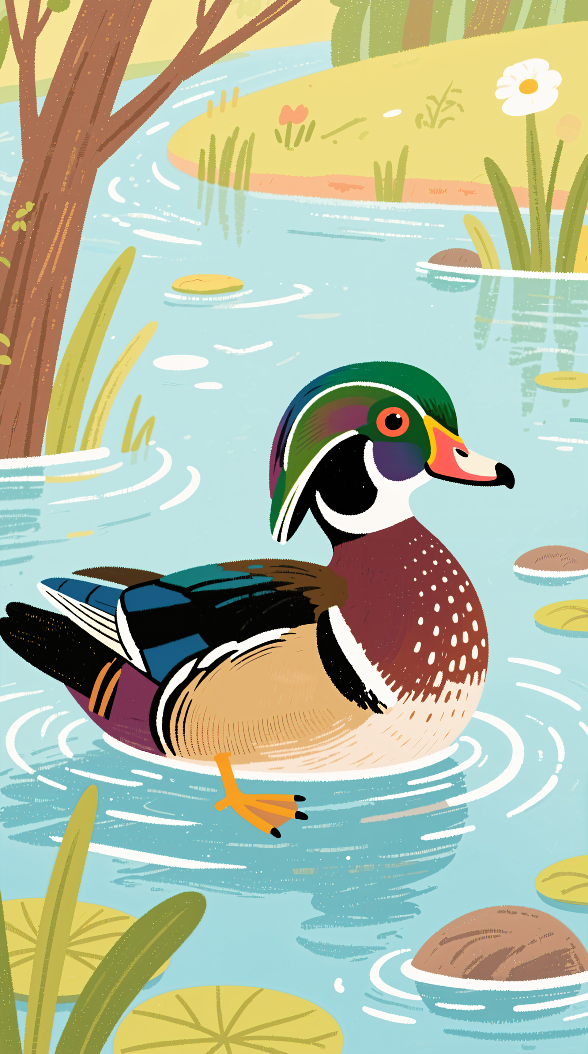 Vertical phone wallpaper: colorful illustrated wood duck paddling in a tranquil pond with lily pads, reeds, and distant trees.