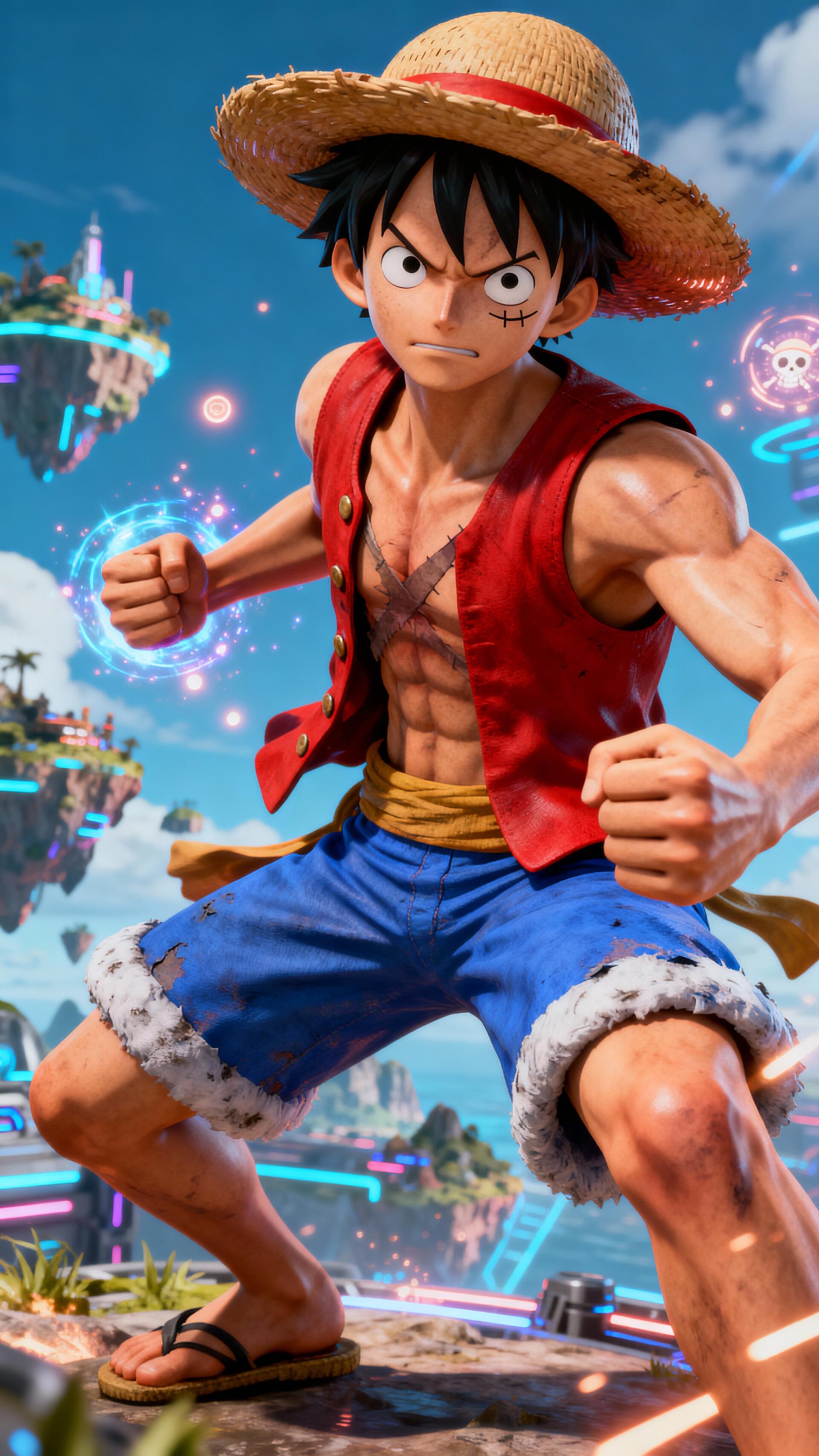 Phone wallpaper of Monkey D. Luffy in his straw hat and red vest, fists clenched and ready to strike, set against vibrant floating islands and neon energy effects.