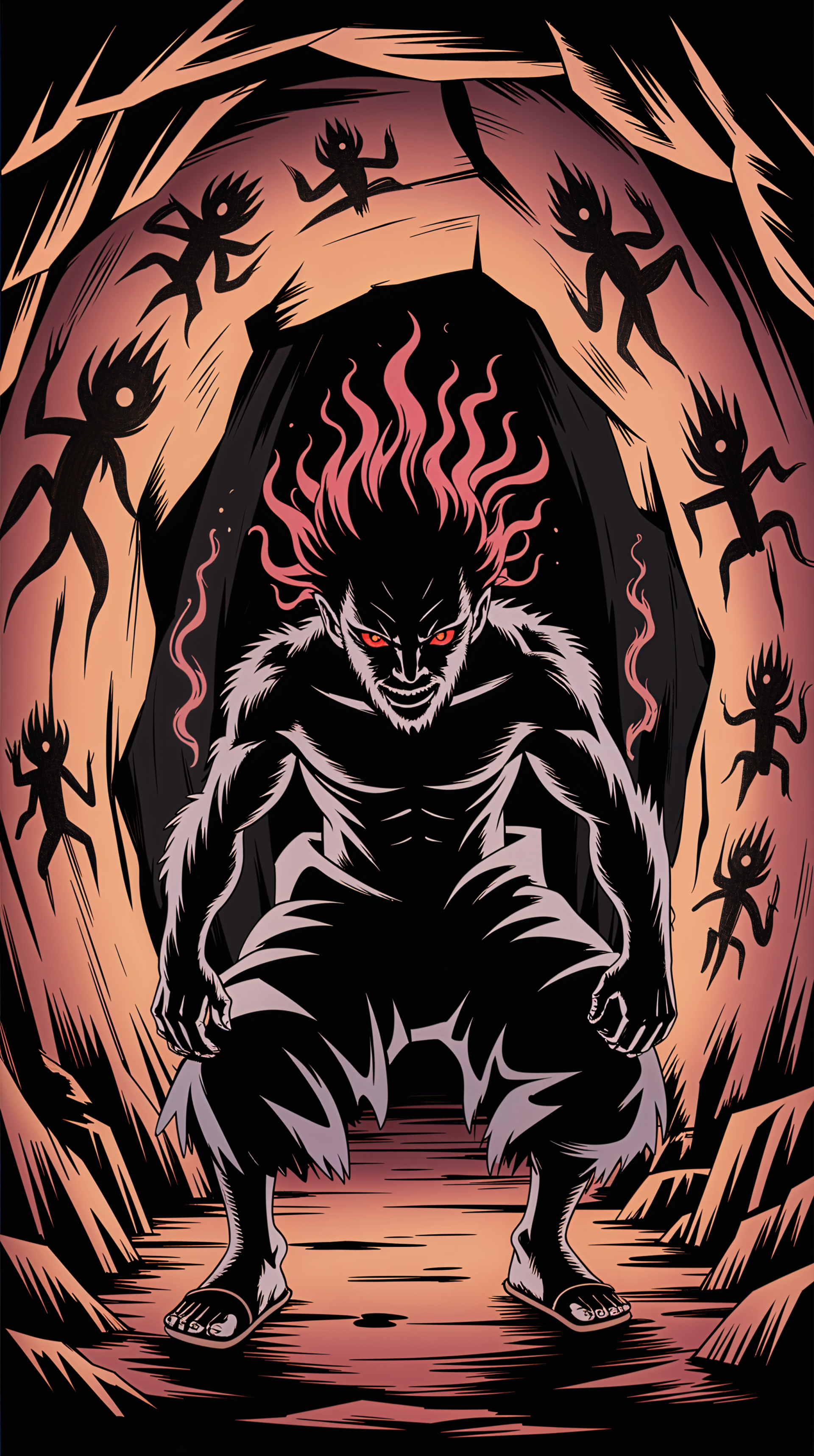 Phone wallpaper: a menacing, crouched demon with flaming hair and glowing red eyes in a fiery cave, surrounded by small shadowy figures clinging to the walls.