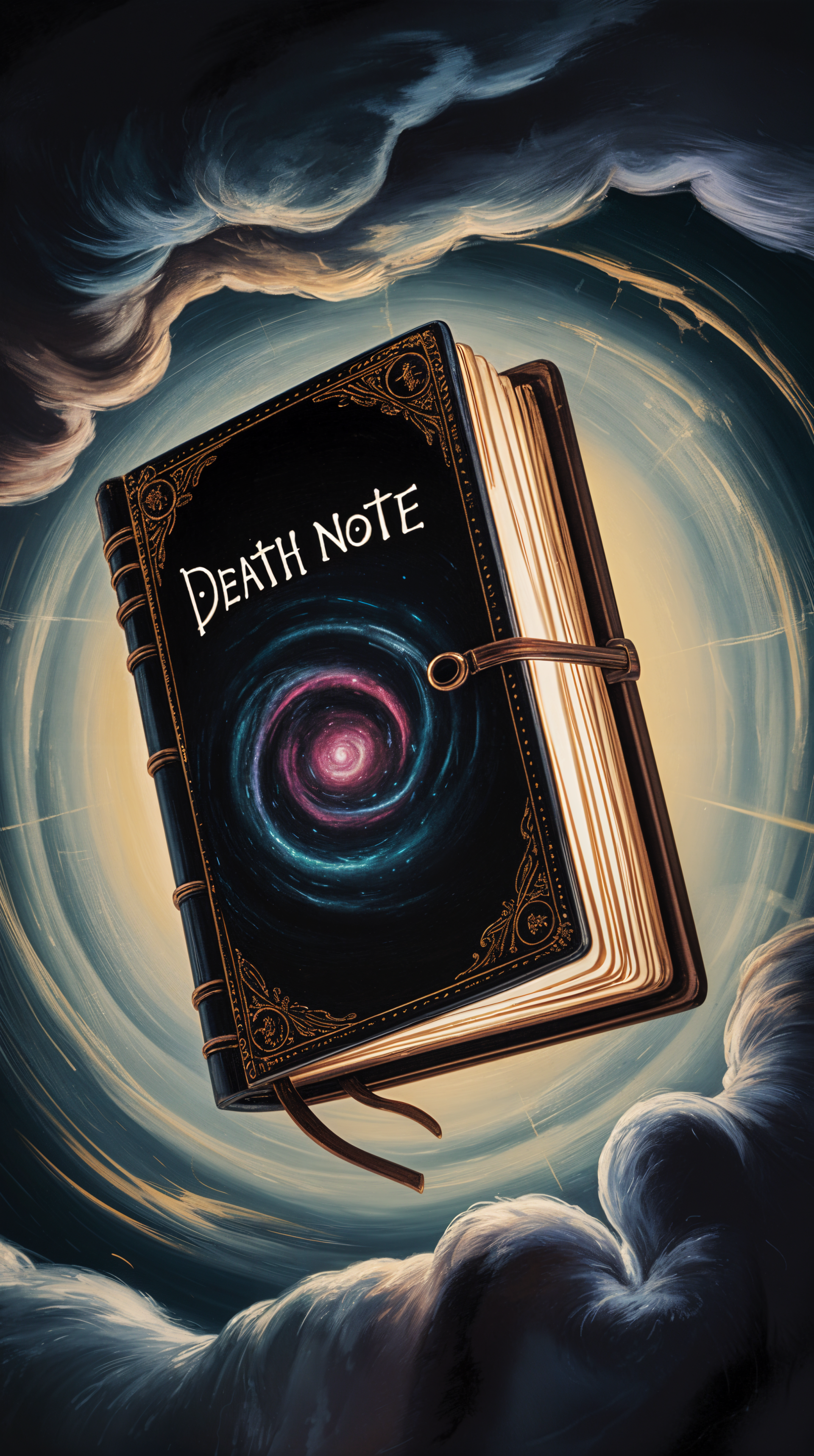 Phone wallpaper showing the Death Note book floating in a swirling cosmic vortex, ornate black cover with gold trim and a glowing spiral at its center.