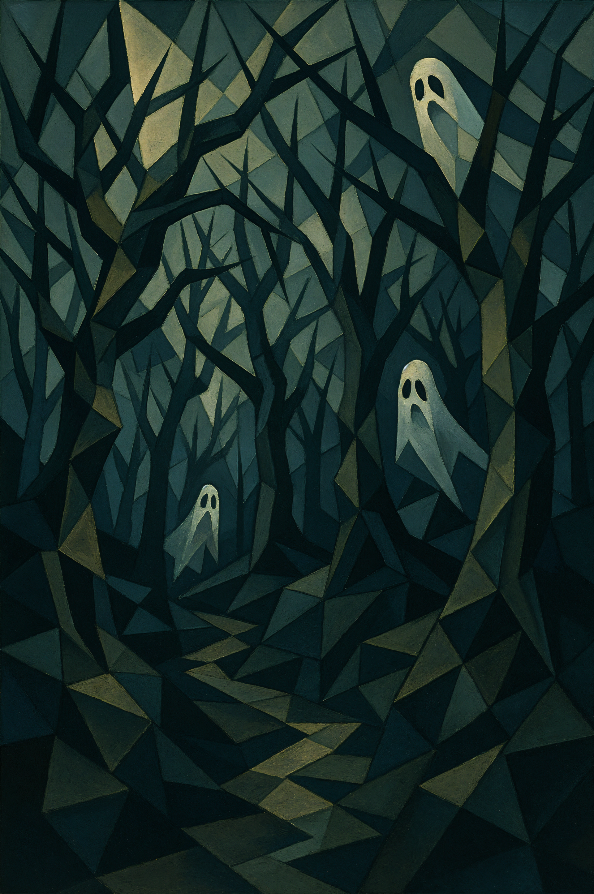Haunted Forest phone wallpaper: geometric, moonlit woodland of jagged bare trees and a winding path, with three pale floating ghosts drifting among the branches.