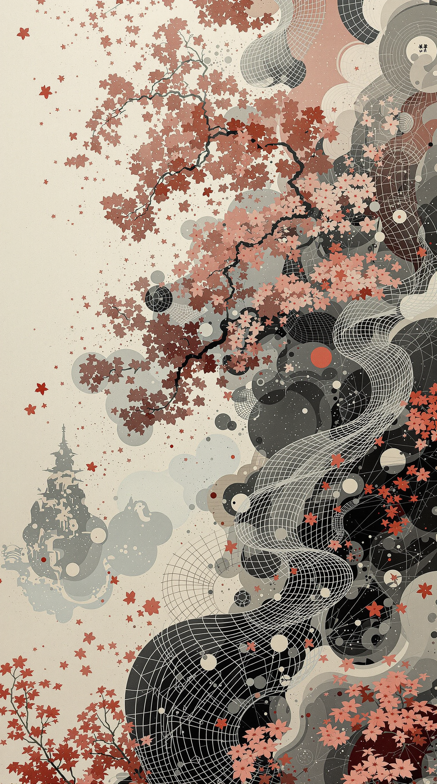 Japan-themed phone wallpaper: stylized cherry blossoms and maple leaves flowing from a gnarled branch into abstract mesh waves and circular motifs in soft pink, gray and cream.