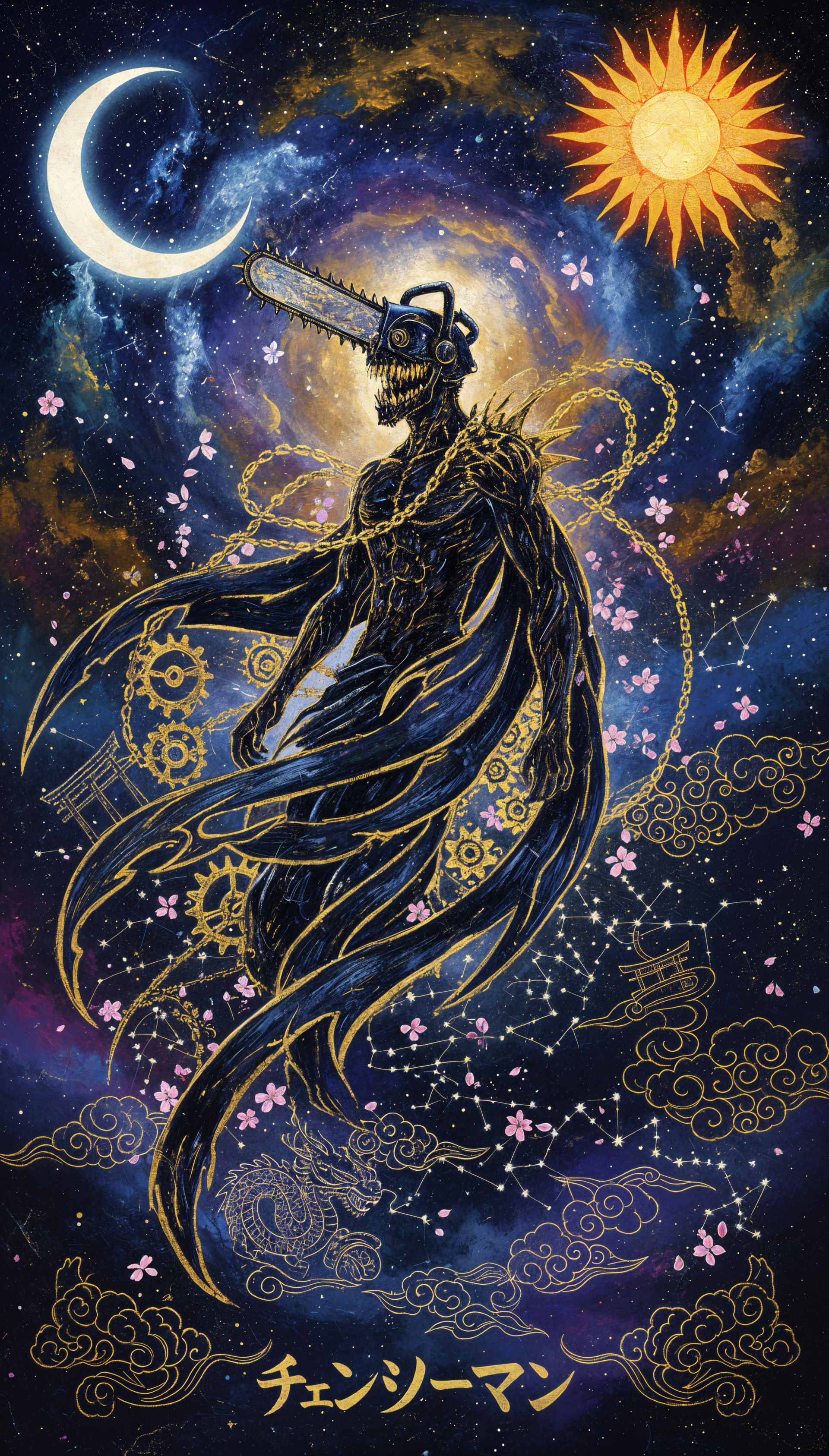 Phone wallpaper of Chainsaw Man: chainsaw-headed demon in a flowing cloak against a cosmic backdrop with moon, sun, golden gears, cherry blossoms and Japanese title.