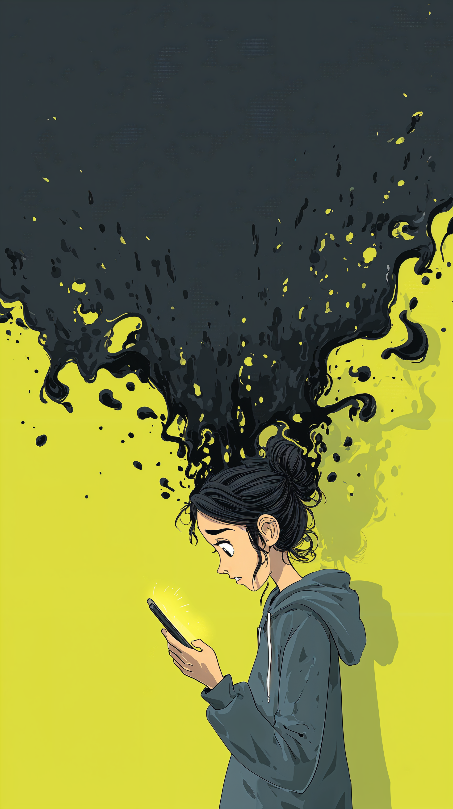 Phone wallpaper: young woman fixated on her phone as a black ink cloud pours from her head, representing phone addiction, depression, and strained mental health.
