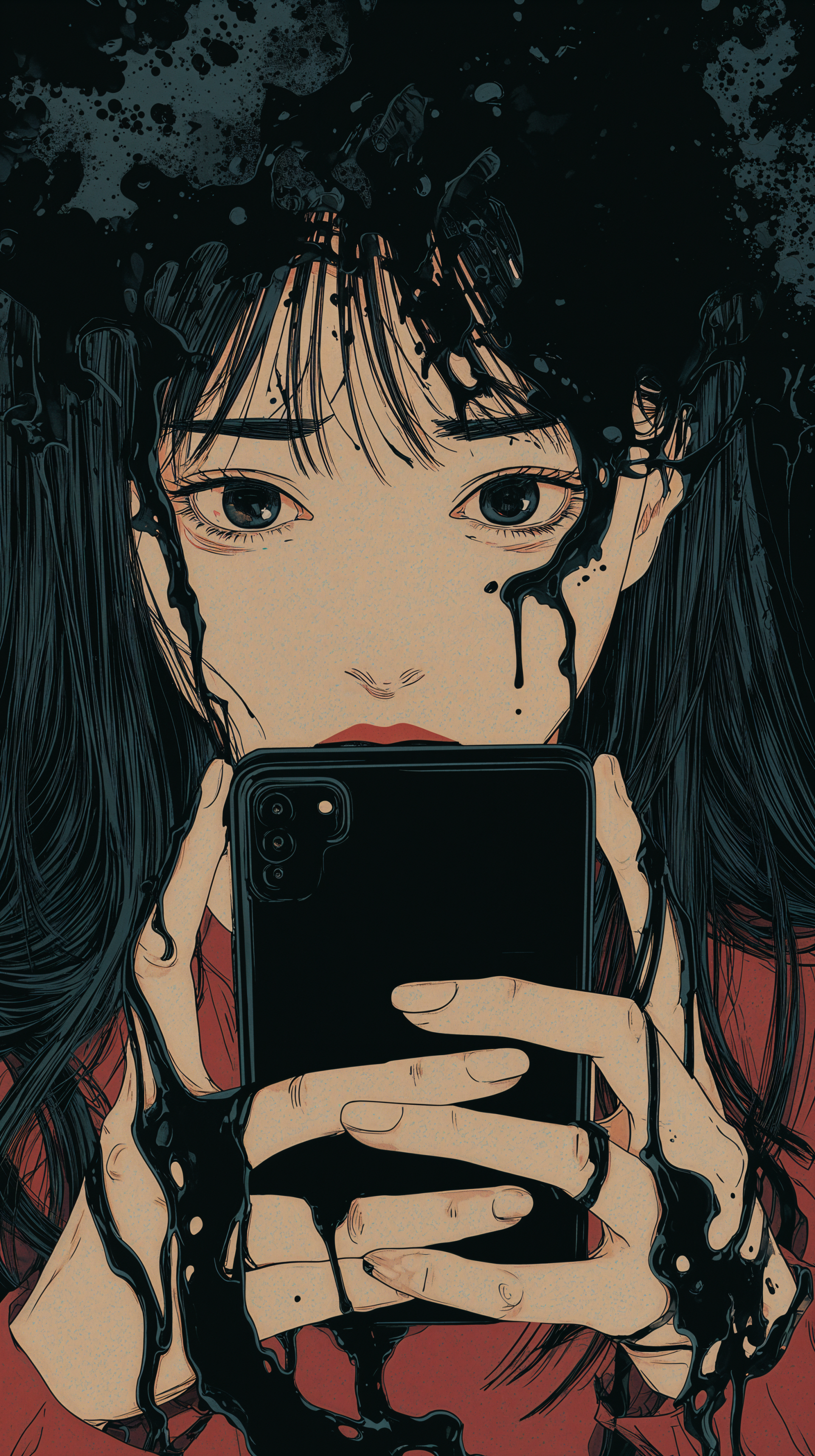 Anime-style wallpaper of a solemn girl clutching a phone while black liquid creeps over her face and hands, symbolizing depression, phone addiction, and mental health struggles.