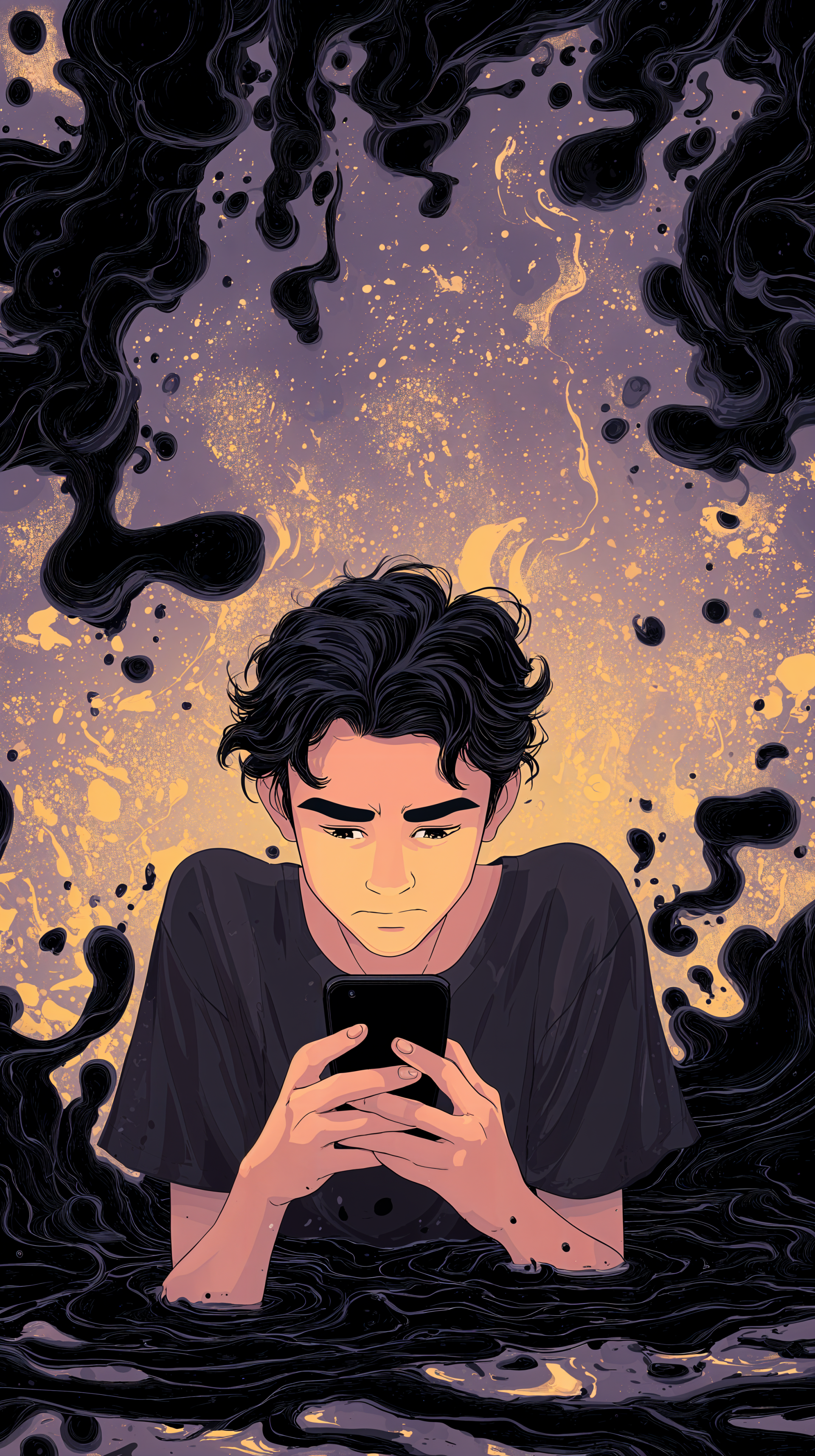 Phone wallpaper of a young person fixated on their phone as dark, ink-like shadows swirl up, symbolizing phone addiction, depression, and a fraught state of mental health.