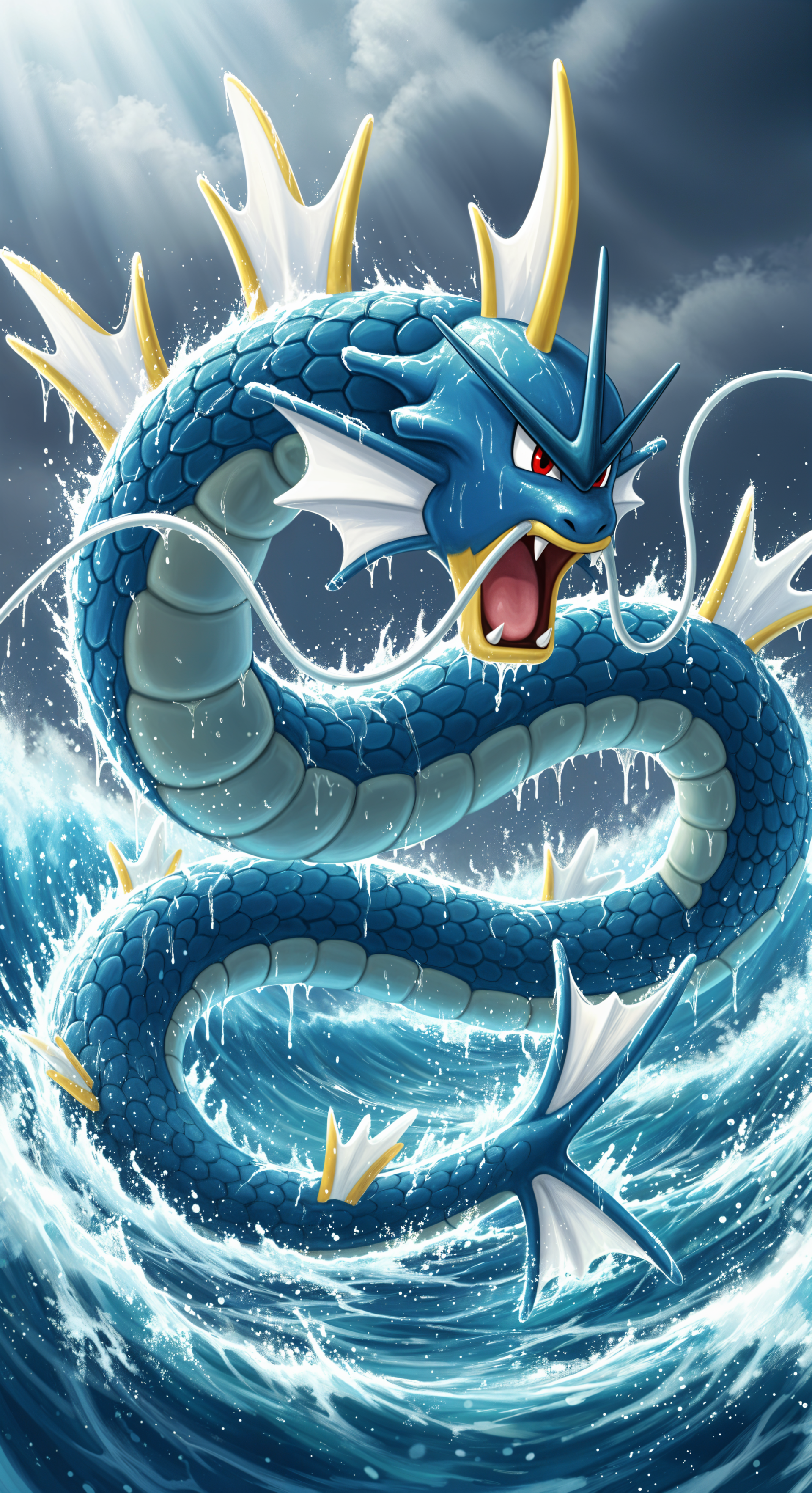 Phone wallpaper of Gyarados (Pokémon) coiling above a churning ocean, roaring with gleaming blue scales and crashing waves surrounding it.