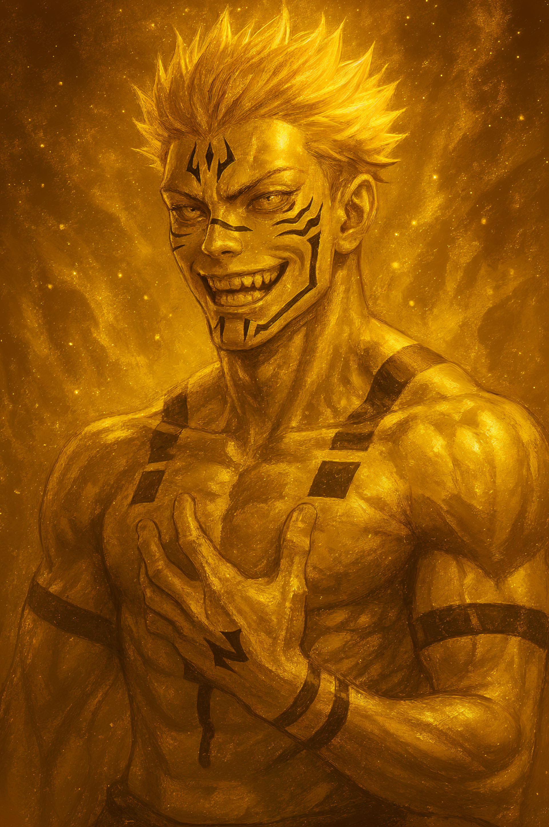 Phone wallpaper of Sukuna (Jujutsu Kaisen): gold-toned, muscular figure with spiky hair, black cursed markings on face and torso, a menacing grin amid a fiery, glowing aura.