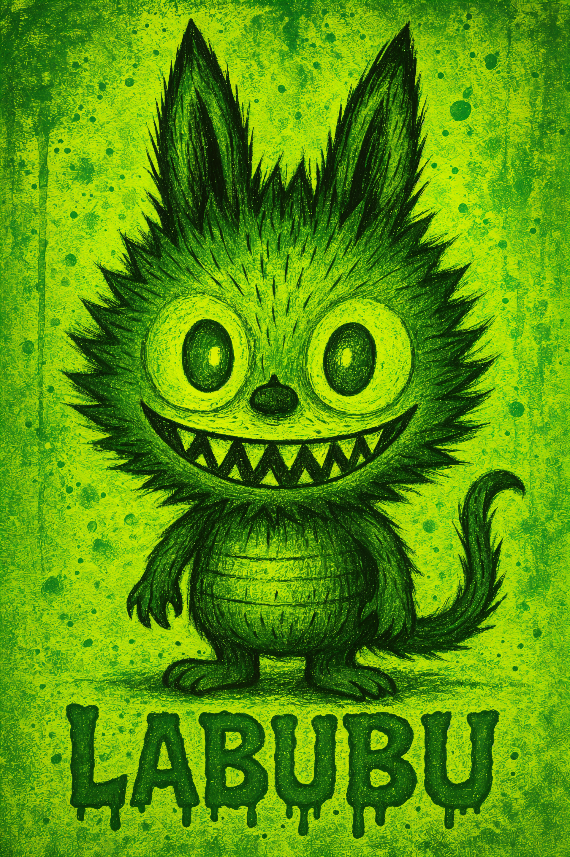 Phone wallpaper of a grinning spiky green creature with big round eyes, sharp triangular teeth and curled tail; Labubu written dripping across the bottom.
