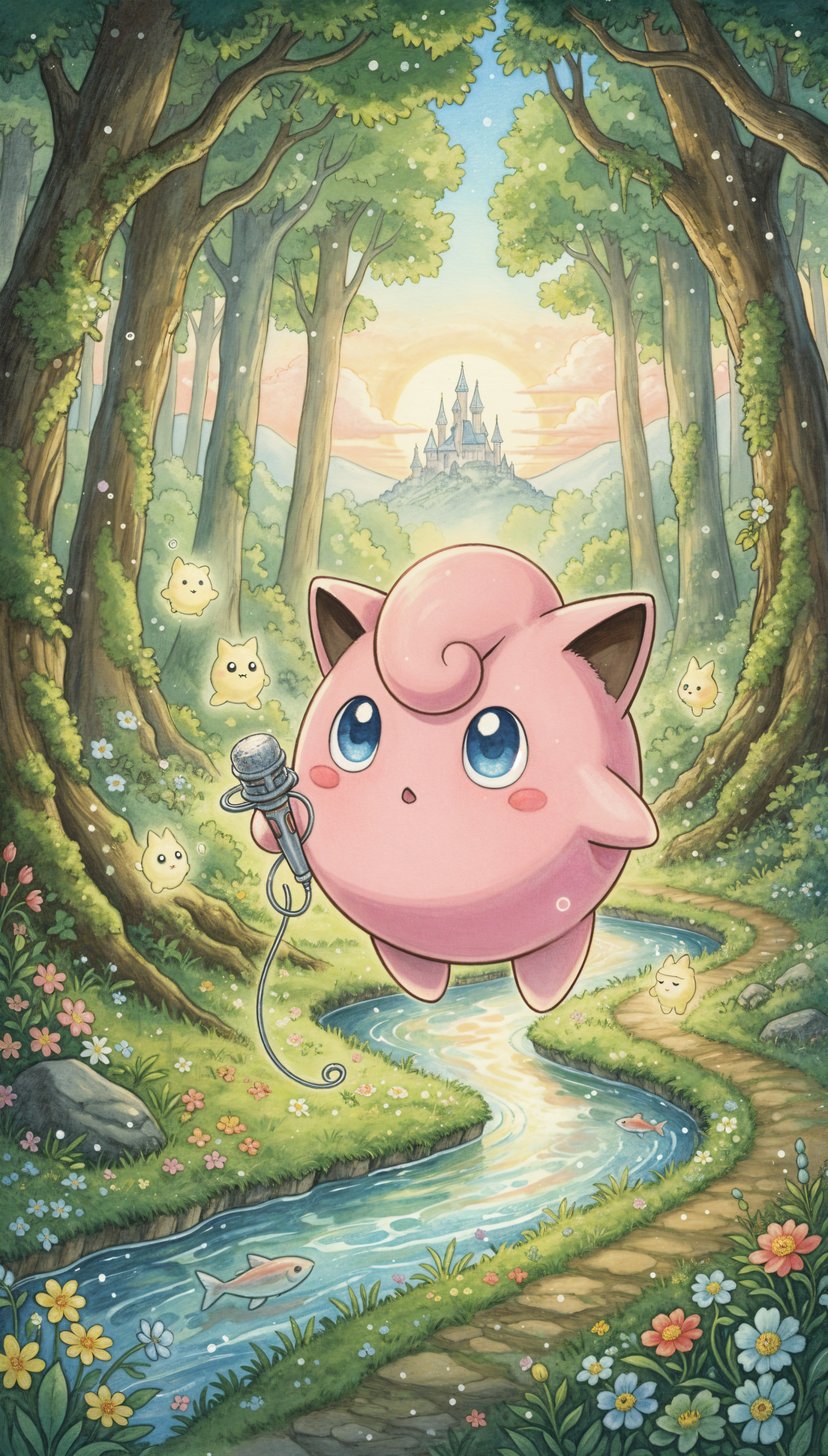 Phone wallpaper: Jigglypuff (Pokémon) singing into a microphone in a sunlit enchanted forest, a stream winding through flowers toward a distant castle.