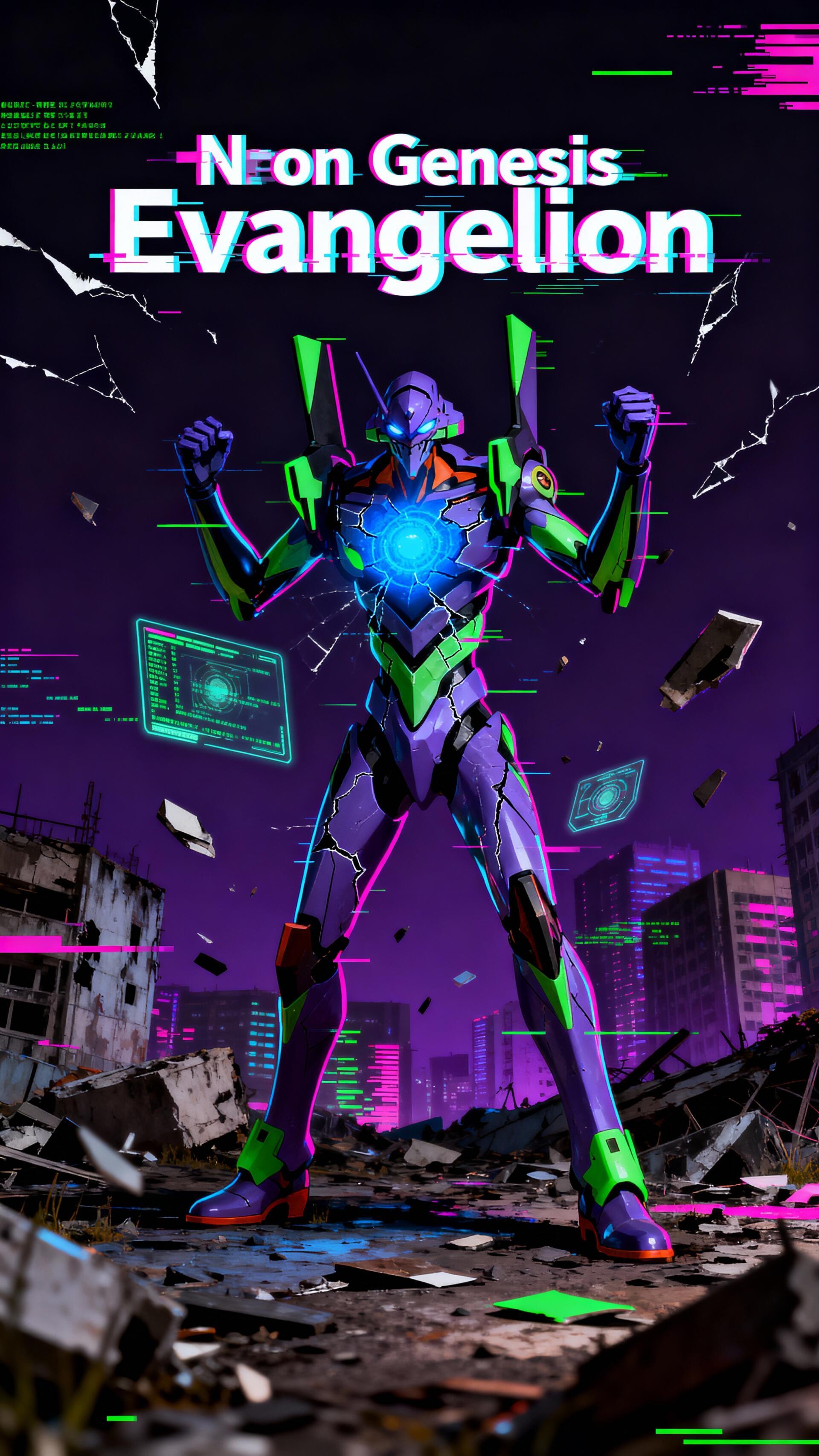 Phone wallpaper of Neon Genesis Evangelion — EVA Unit‑01 stands amid ruined city rubble, glowing core, neon purple-and-green glitch effects, shattered skyline and floating digital fragments.