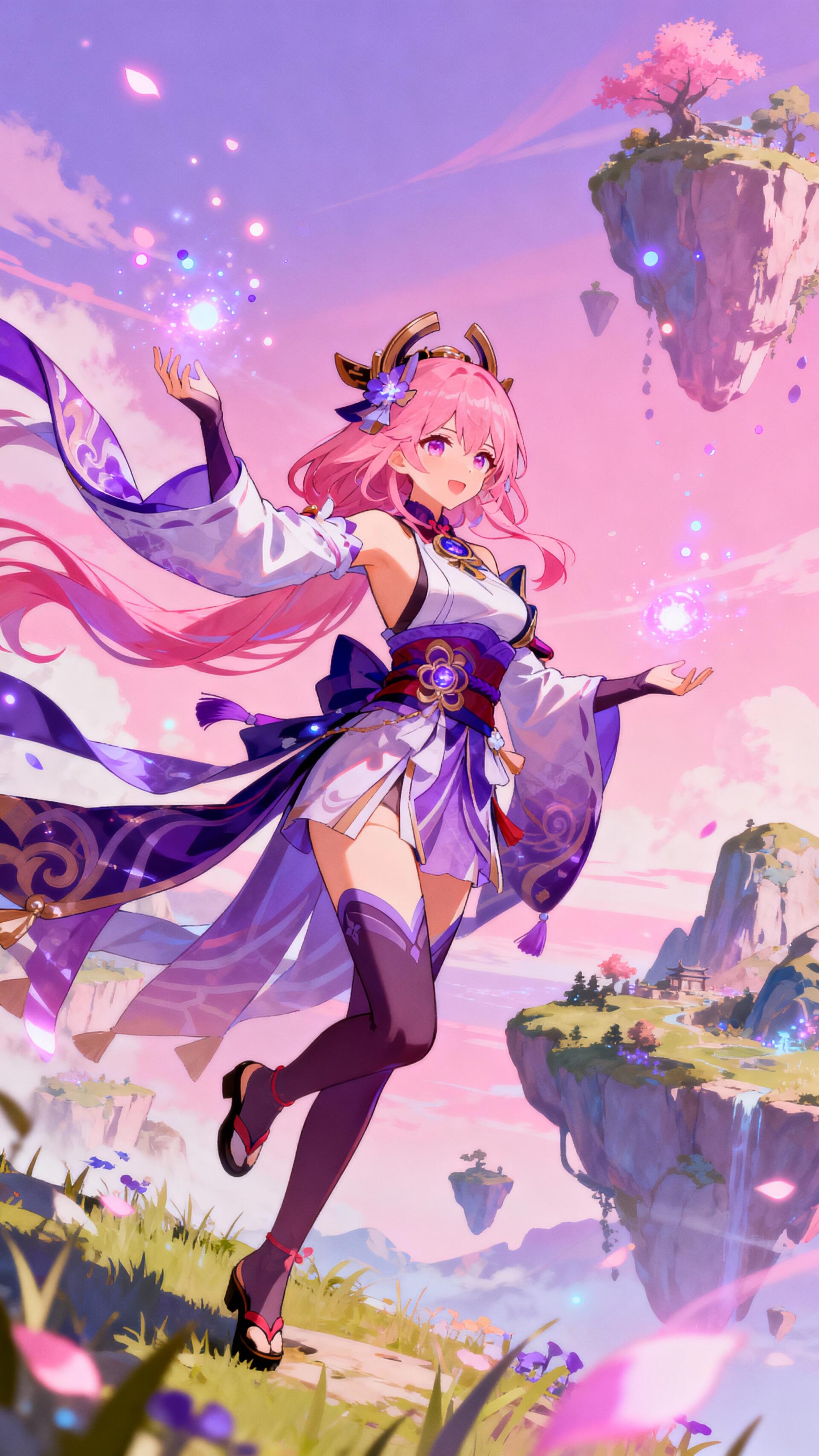 Genshin Impact phone wallpaper - pink‑haired shrine maiden in flowing robes summons glowing particles above floating islands beneath a pastel sunset sky.
