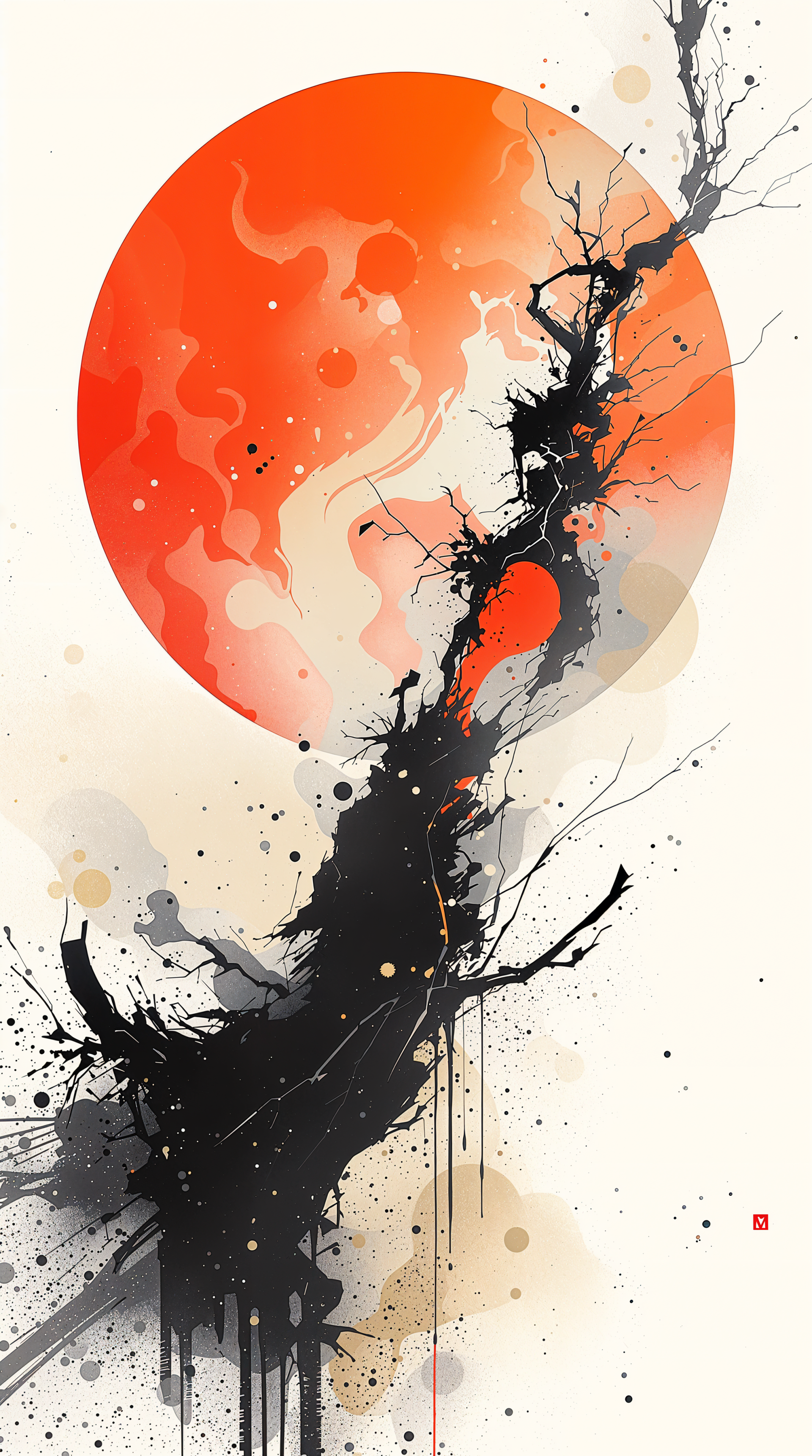 Phone wallpaper: vertical, stylized black ink tree spiraling upward with splatters and brushstrokes against a pale background, framed by a large glowing orange-red sun.