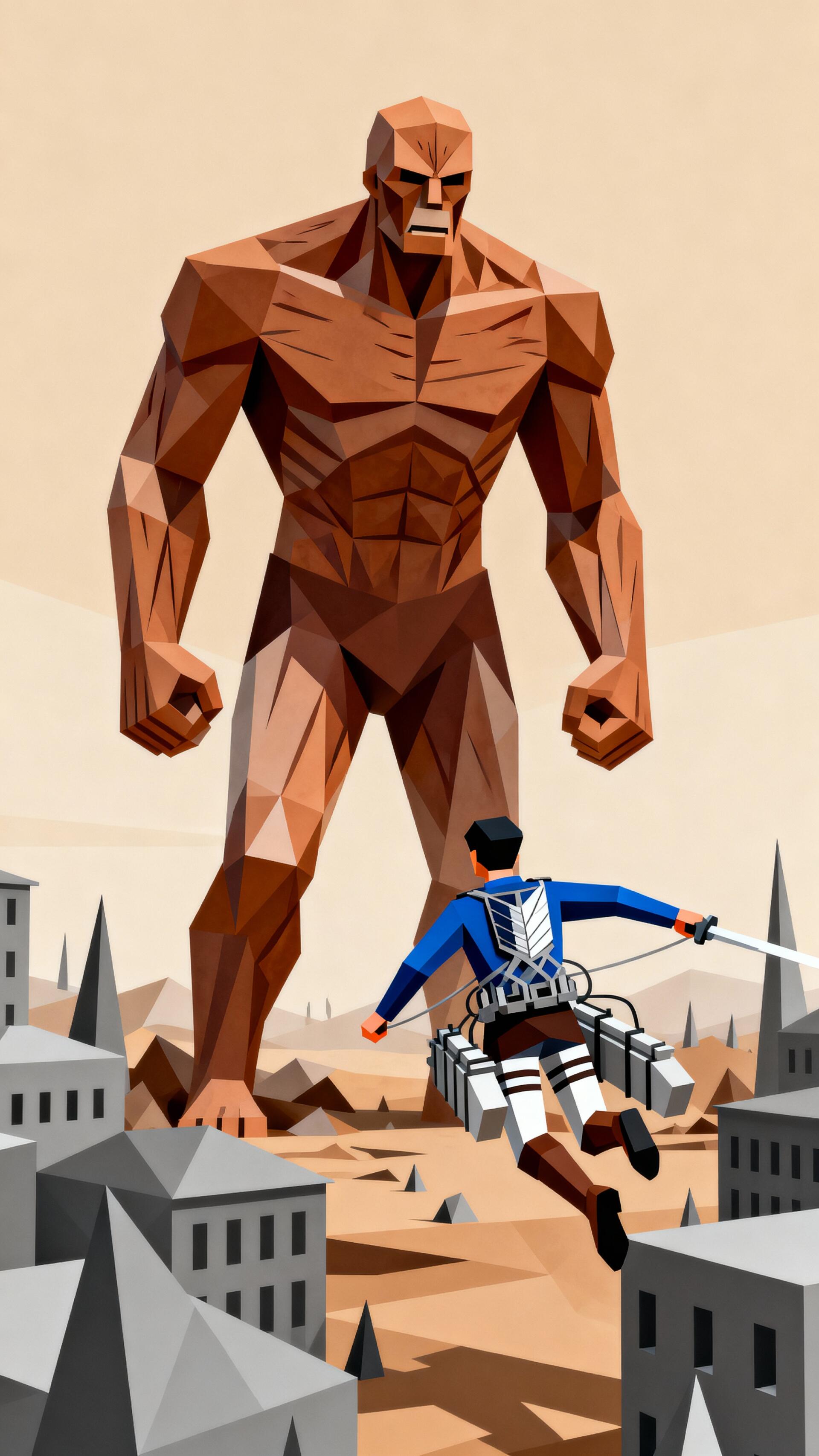 Low-poly Attack on Titan phone wallpaper: a Scout Regiment soldier flies with ODM gear toward a towering, angular Titan looming over a stylized cityscape.