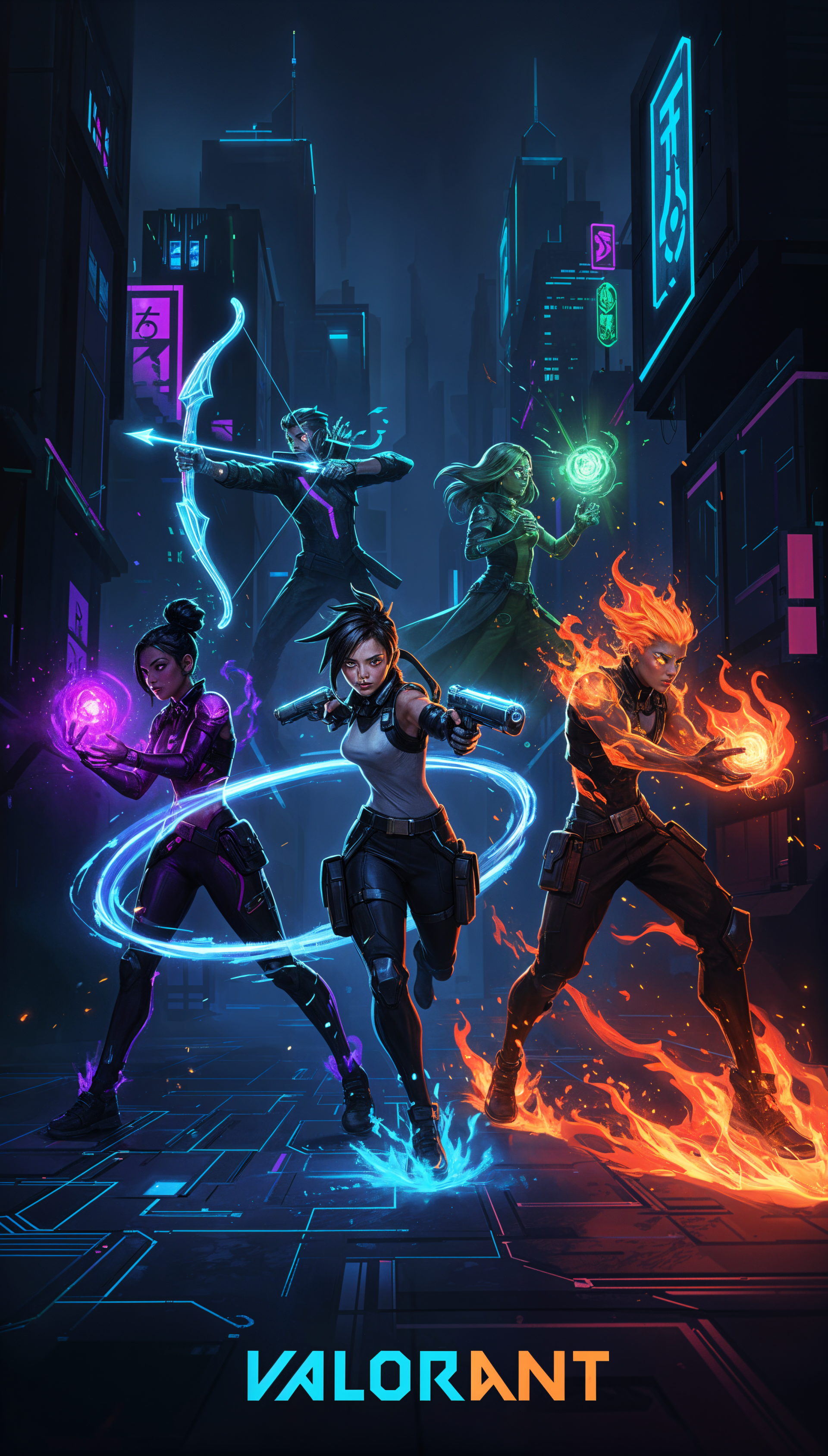Valorant phone wallpaper of five agents in a neon cyber-city: a central agent with a blue energy ring, companions wield fire, a purple orb, green energy and a glowing bow, vibrant blue-orange palette.