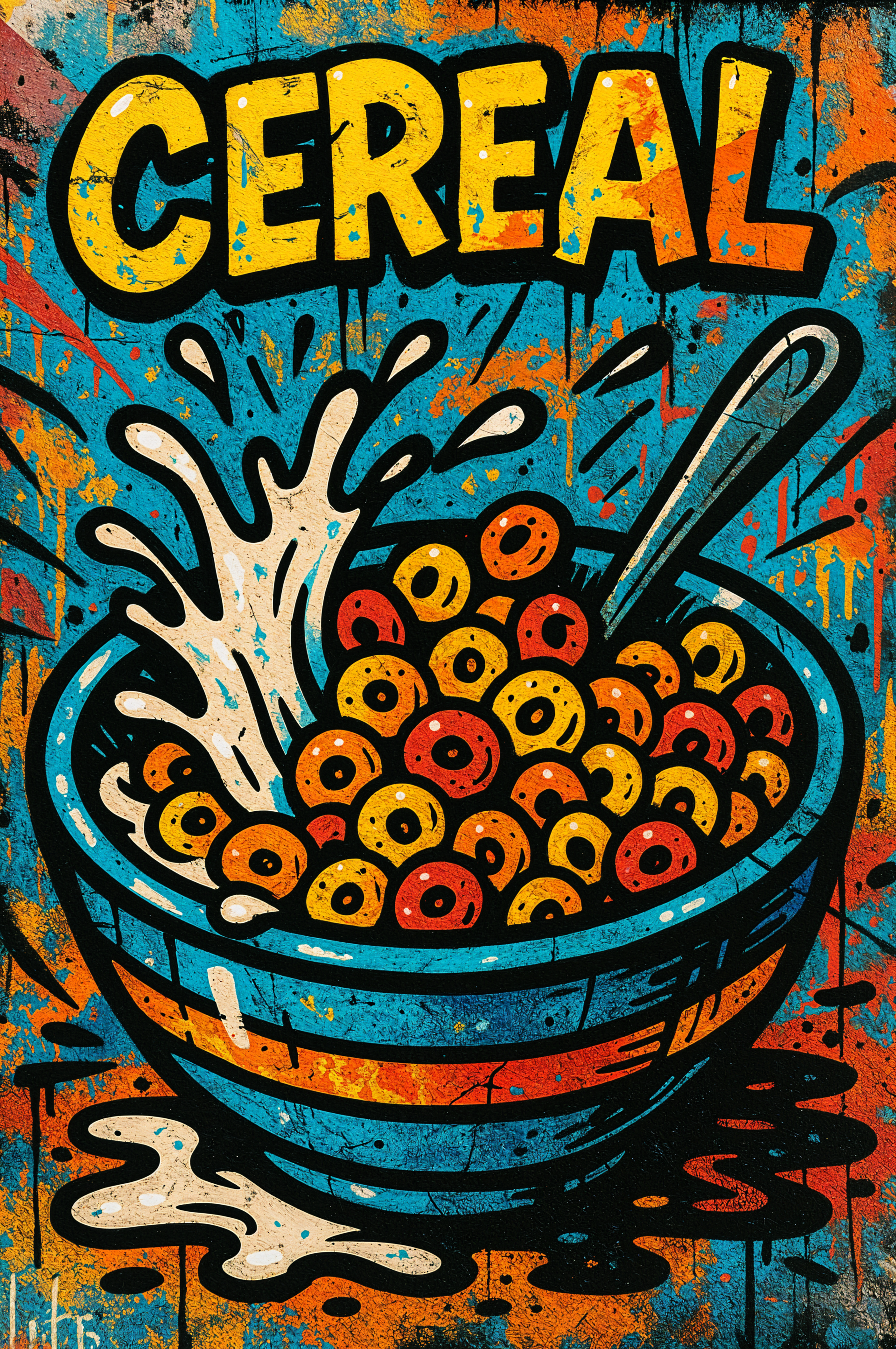 Vibrant pop-art phone wallpaper of a graffiti-style bowl of colorful ring cereal with milk splashing, a spoon, and bold yellow CEREAL lettering at the top.