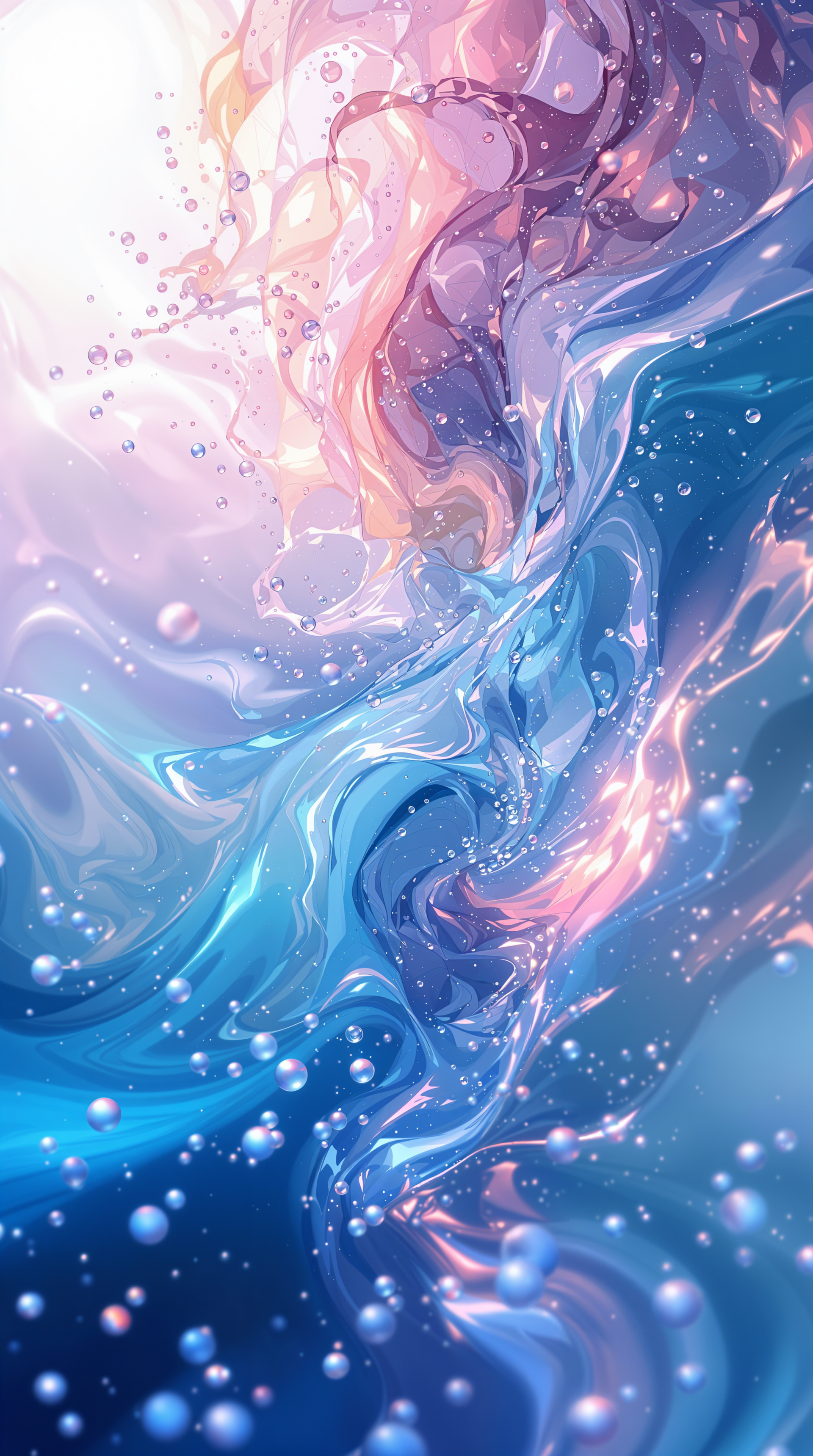 Phone wallpaper of swirling pastel pink and blue liquid waves, sparkling droplets and ethereal soft glow.