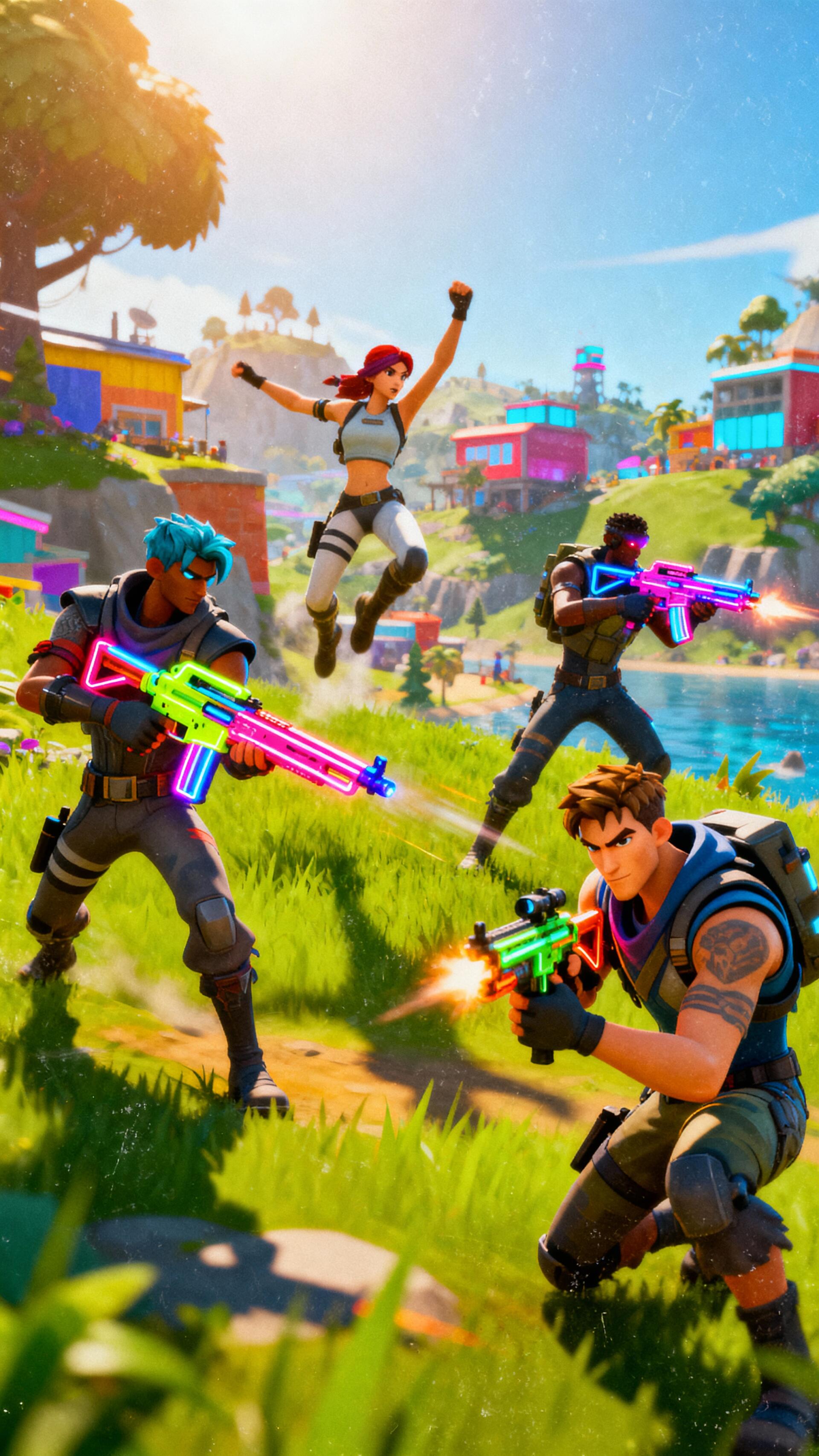 Fortnite phone wallpaper showing four characters in a colorful beachside skirmish with neon guns, one jumping midair, bright houses and water behind them.