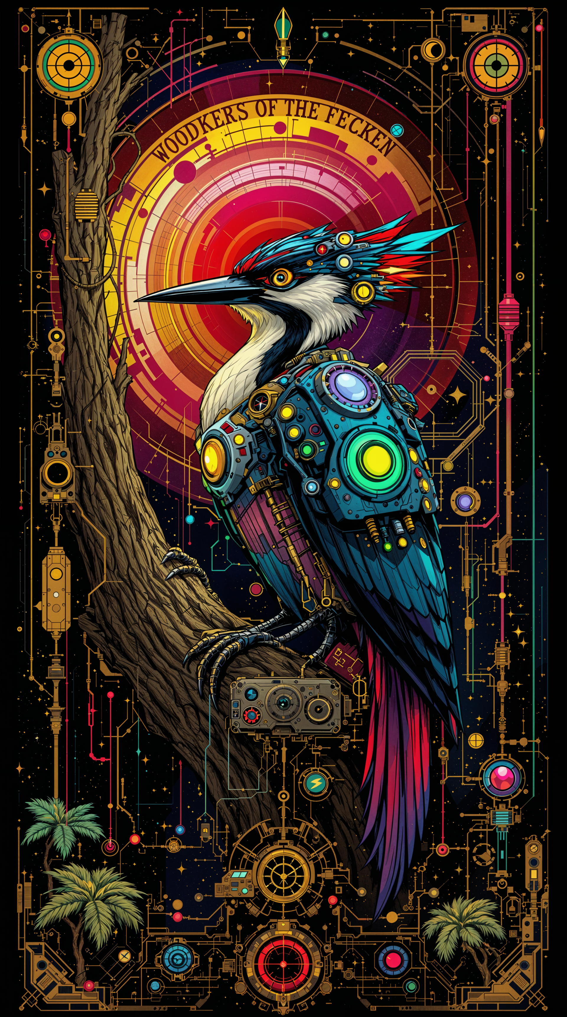 Phone wallpaper depicting a neon cyberpunk woodpecker with mechanical plating perched on a branch before a concentric sun and circuit-board frame.