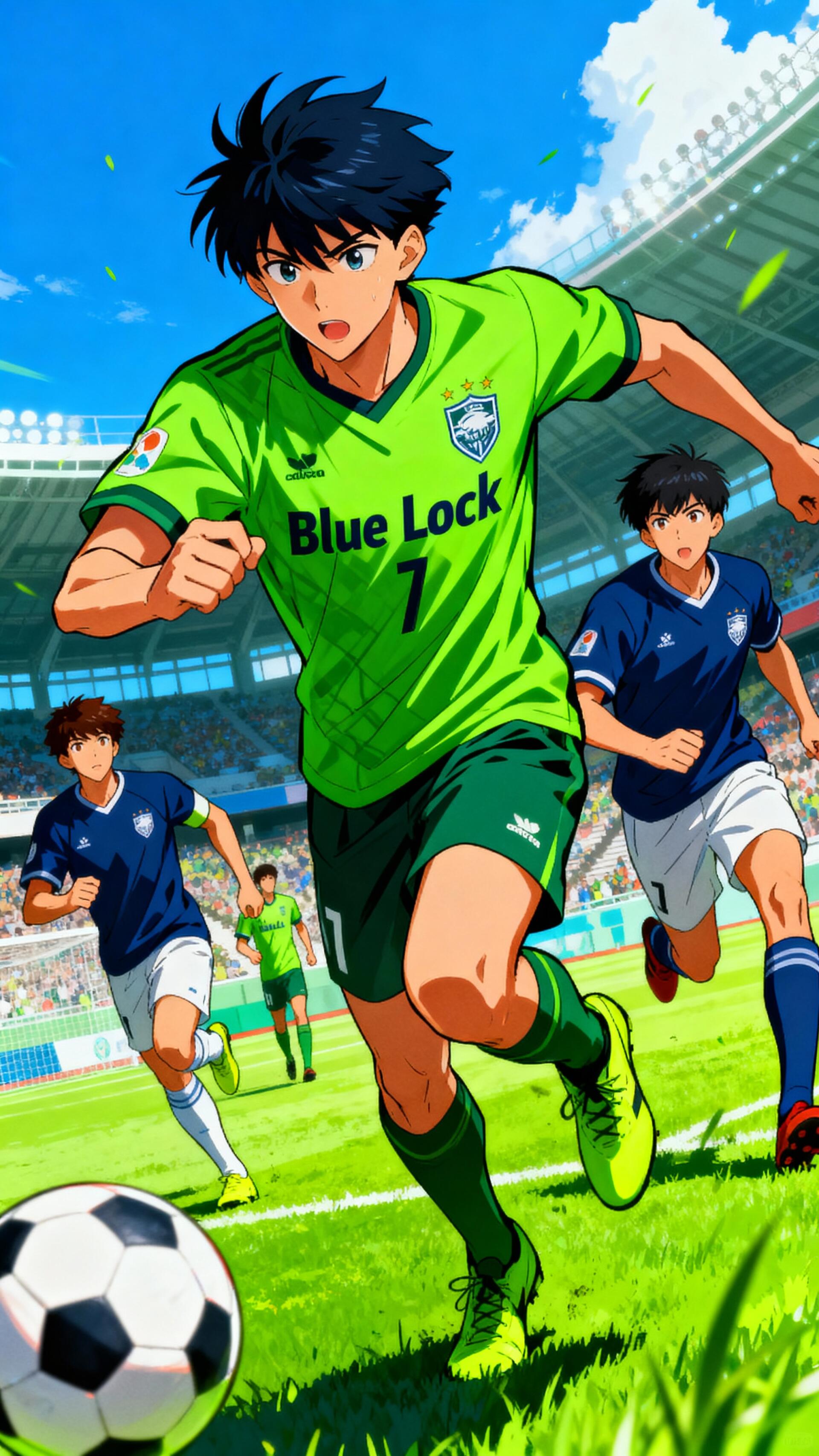 Phone wallpaper of Blue Lock anime: a forward in a green Blue Lock jersey sprints toward a soccer ball on a sunlit stadium pitch with teammates chasing behind.
