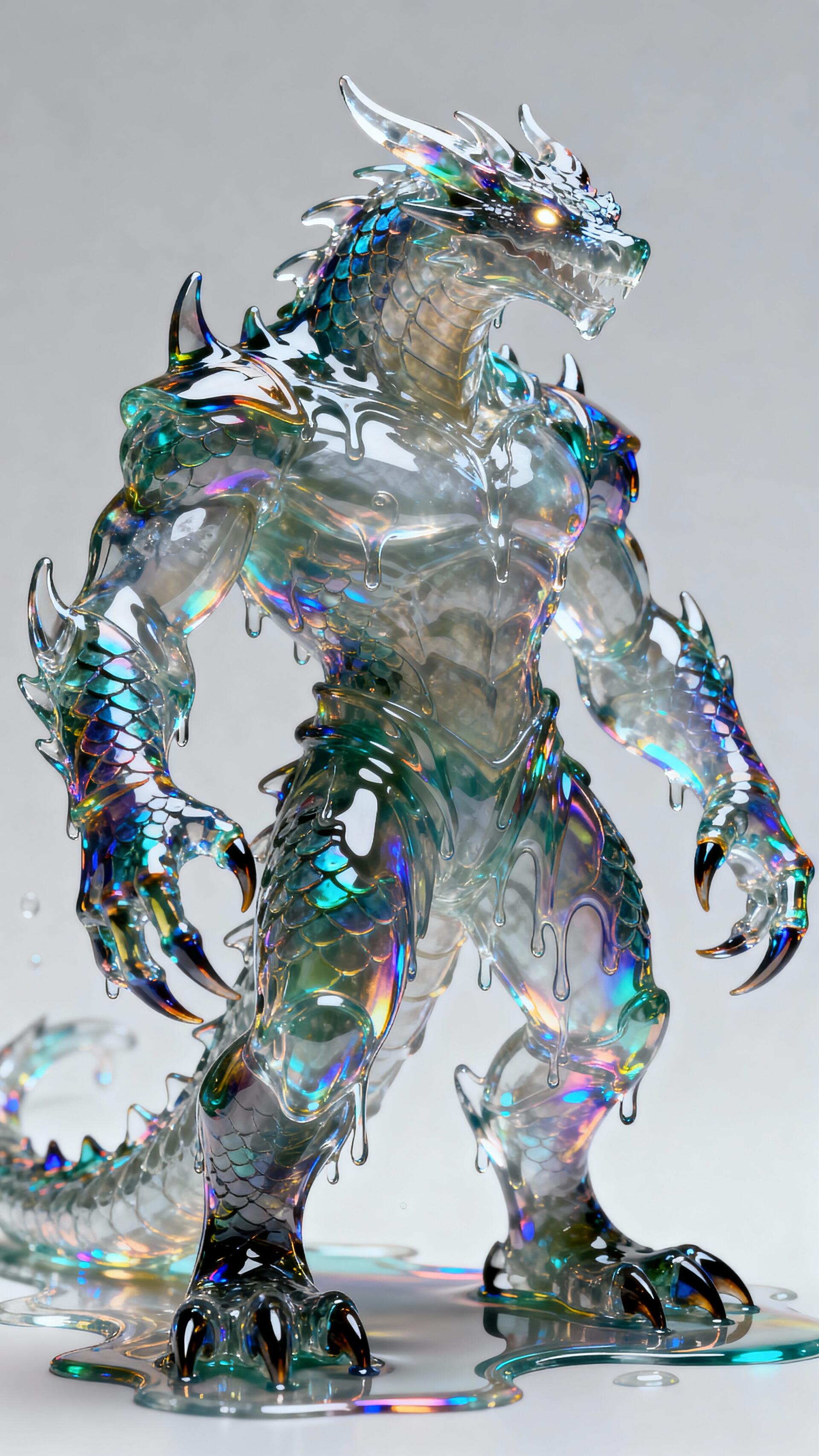 Phone wallpaper of an iridescent, glass-like humanoid dragon standing in a glossy puddle, with translucent scales, sharp claws and luminous highlights on a pale background.
