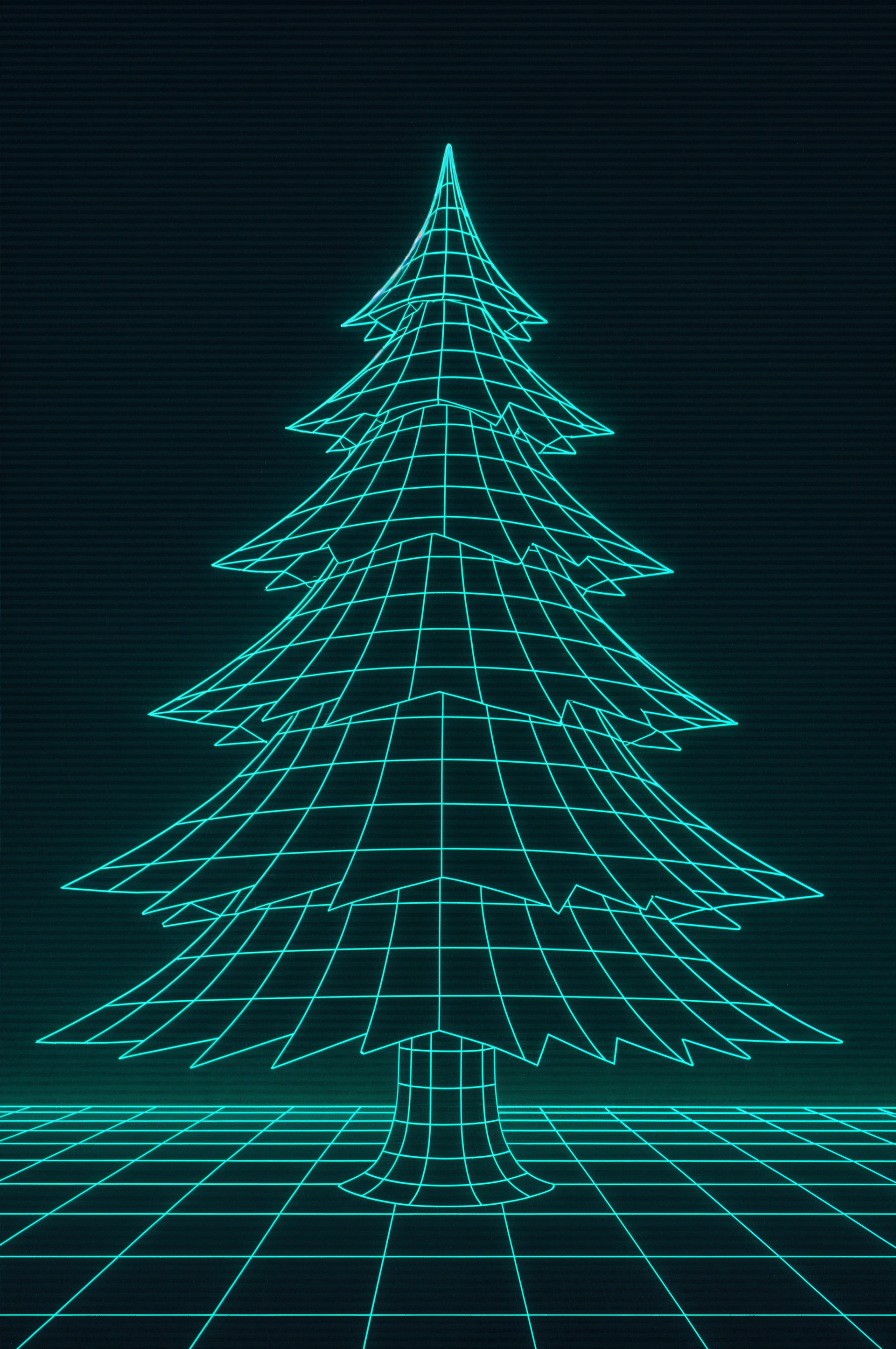 Teal neon wireframe evergreen pine on a glowing grid over a dark background, phone wallpaper.
