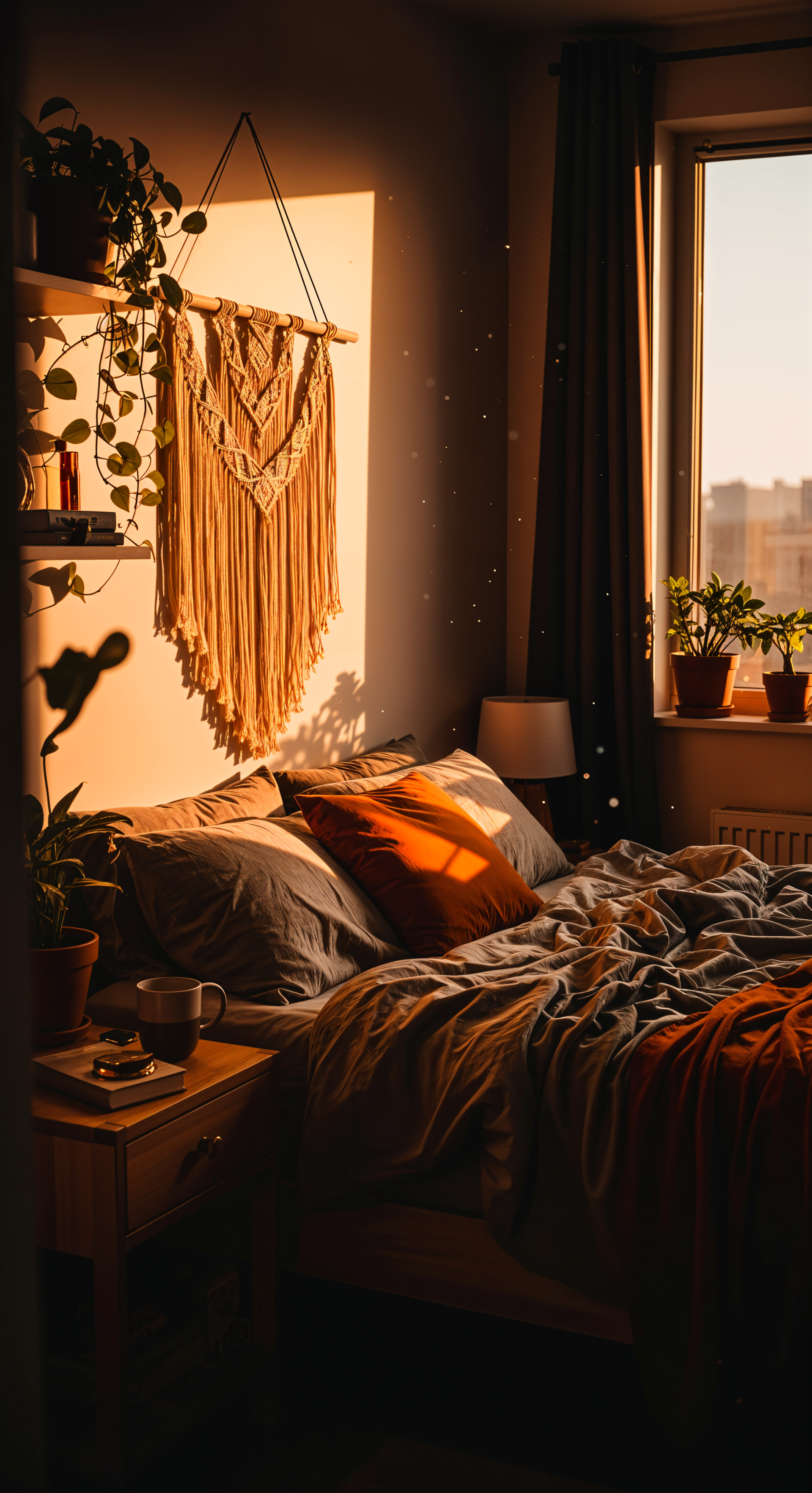 Phone wallpaper of an aesthetic bedroom bathed in golden sunset light: cozy unmade bed with textured pillows, macramé wall hanging, potted plants on the windowsill and a bedside table.
