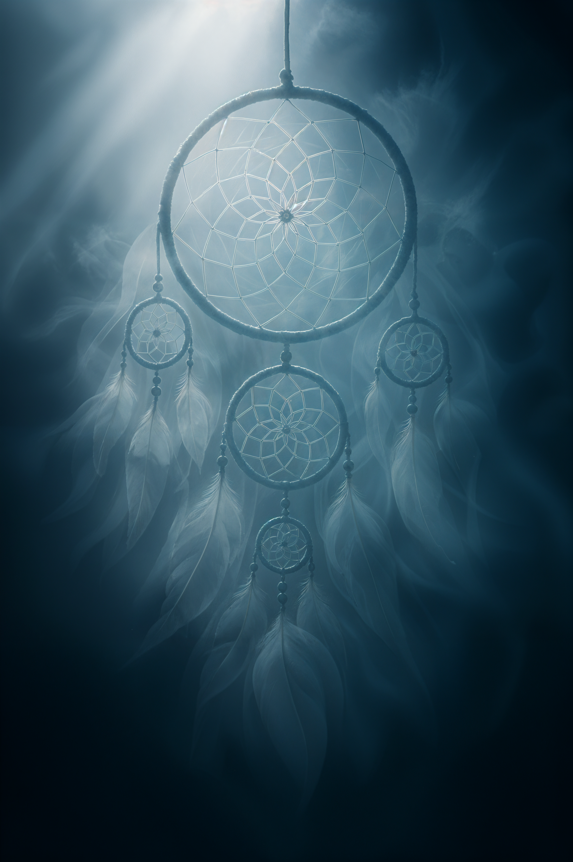 Phone wallpaper showing a hanging dreamcatcher with interlaced hoops and cascading feathers, bathed in cool teal-blue light and a soft, misty glow.