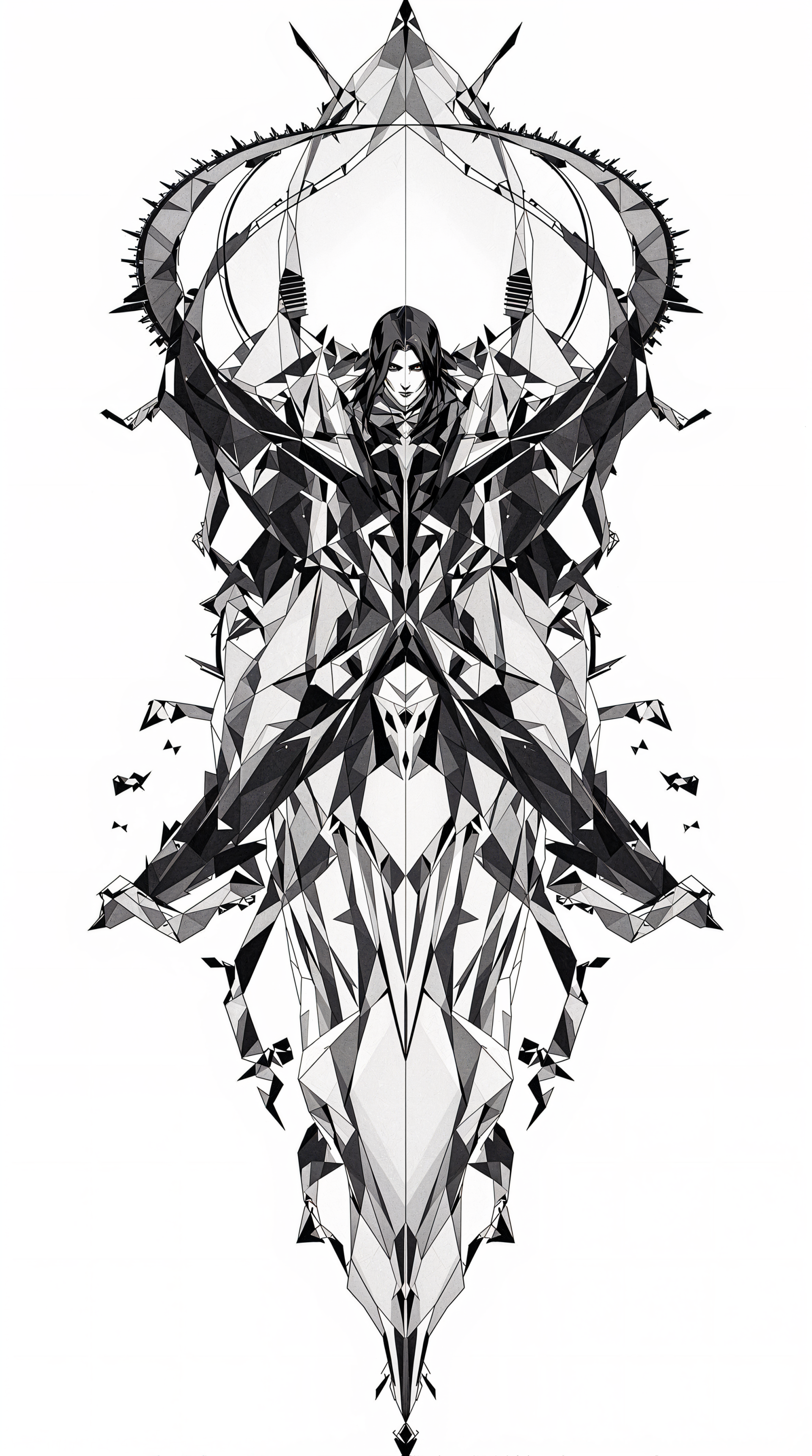 Phone wallpaper of a tall monochrome geometric figure: a robed, symmetrical guardian with a thorned crown and shard-like crystalline armor.
