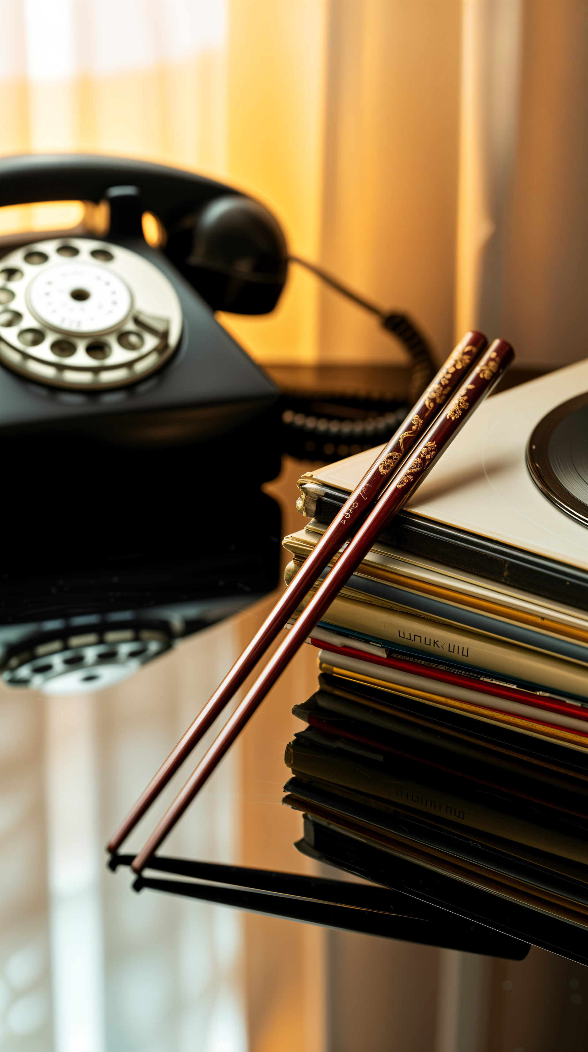 Phone wallpaper: warm-toned close-up of lacquered chopsticks resting on a stack of vinyl sleeves beside a vintage rotary phone and turntable.