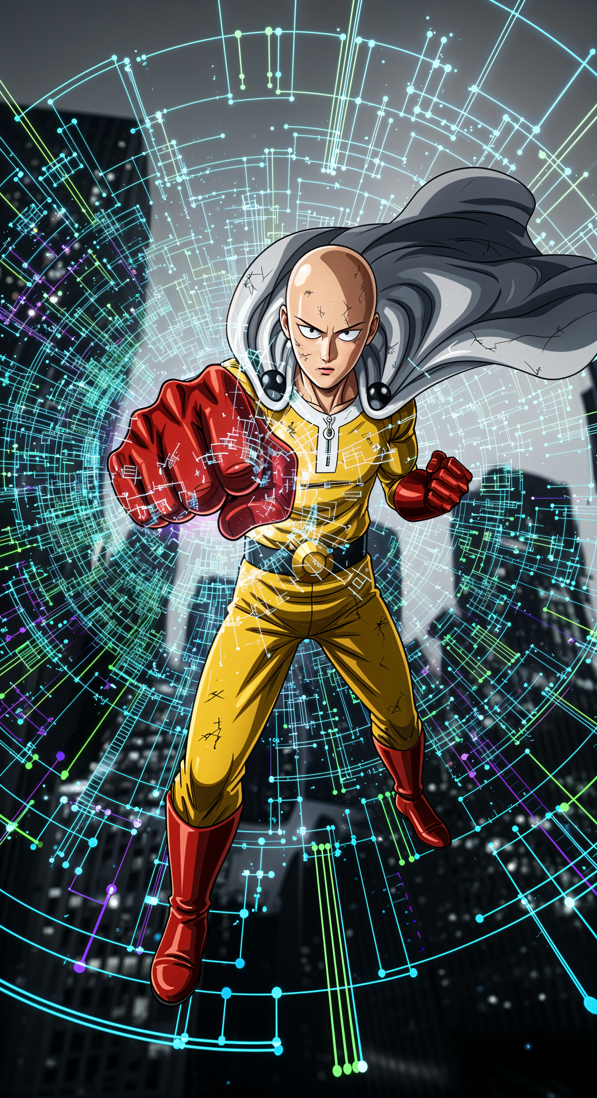 One-Punch Man phone wallpaper: Saitama in his yellow suit and white cape punches toward the viewer through a glowing circuit-like ring set against a dark city skyline.