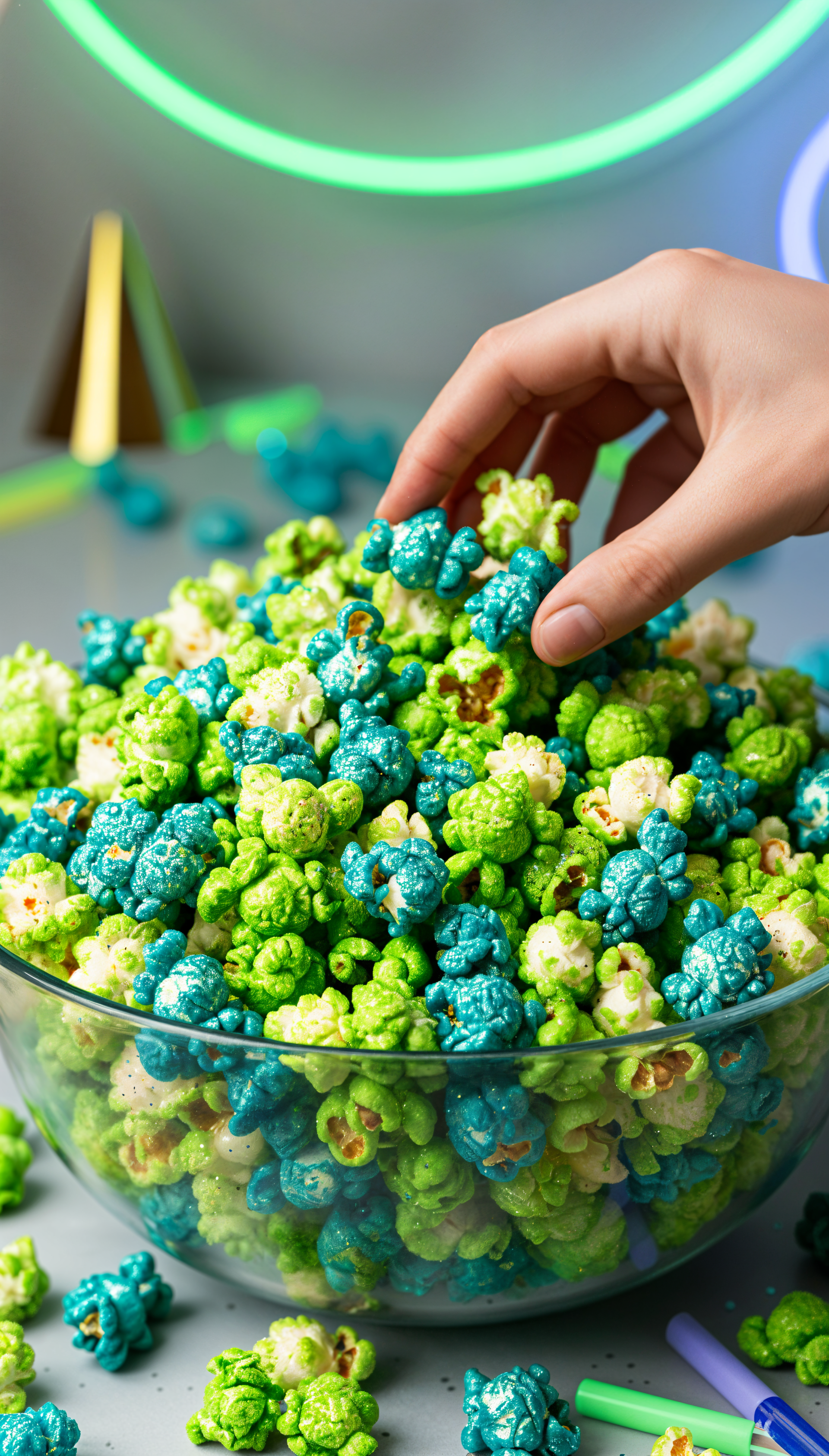 Phone wallpaper: close-up of blue and green popcorn in a glass bowl, a hand reaching in, with soft neon ring lights glowing in the blurred background.