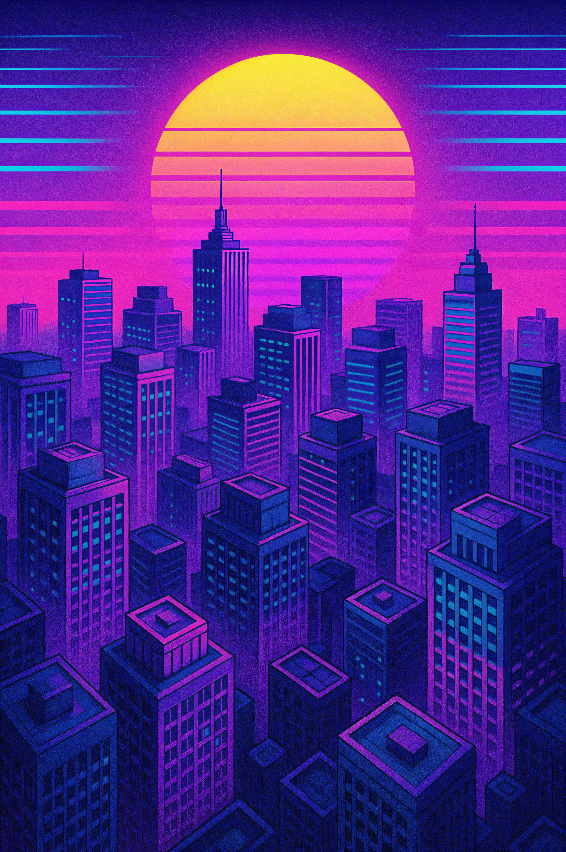 Phone wallpaper showing a neon concrete jungle: purple and magenta skyscrapers receding toward a striped, glowing yellow sun on a retro synthwave skyline.