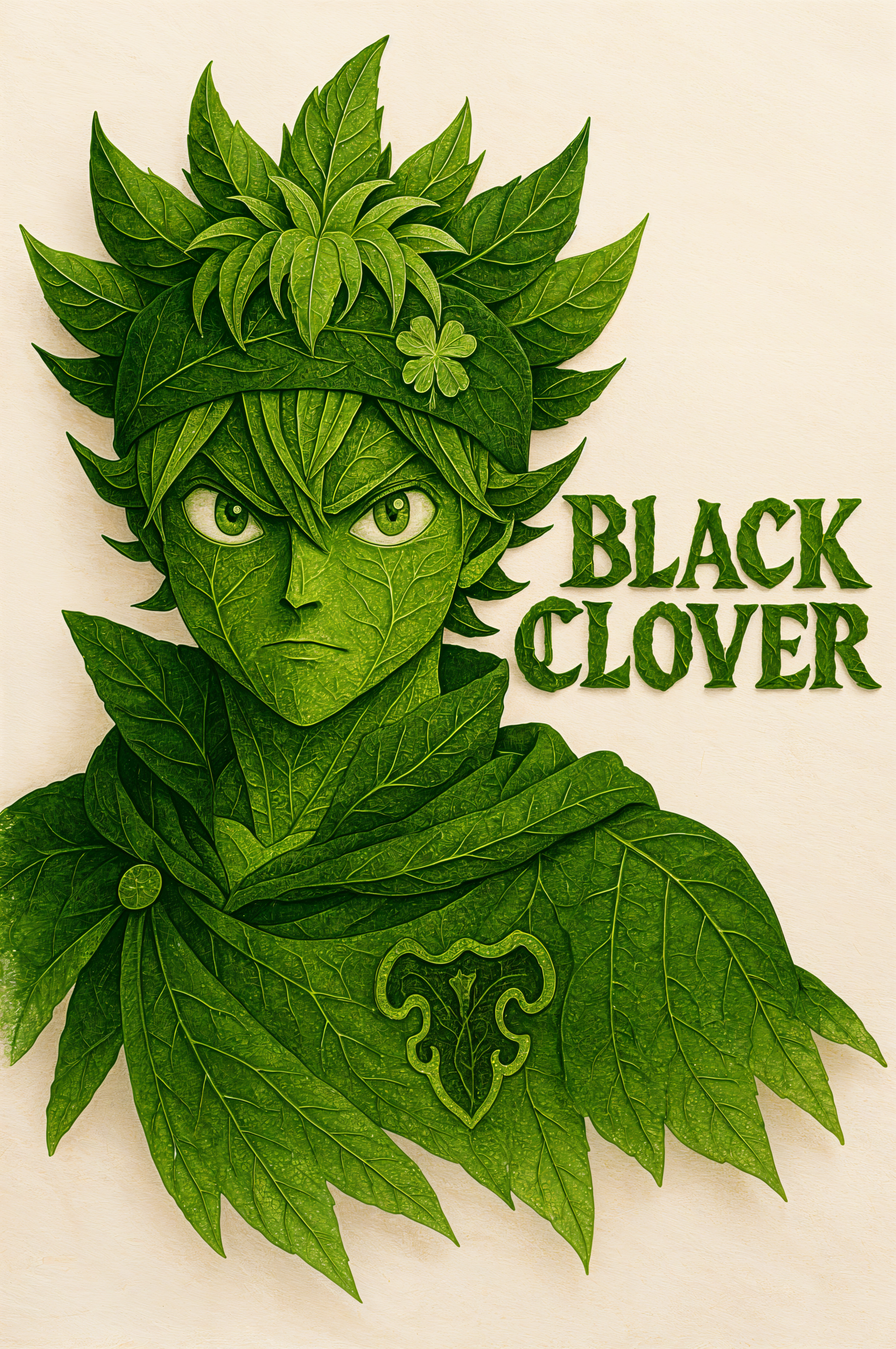 Phone wallpaper of a Black Clover portrait made of green leaves: intense green-eyed face with clover motifs and the BLACK CLOVER title.