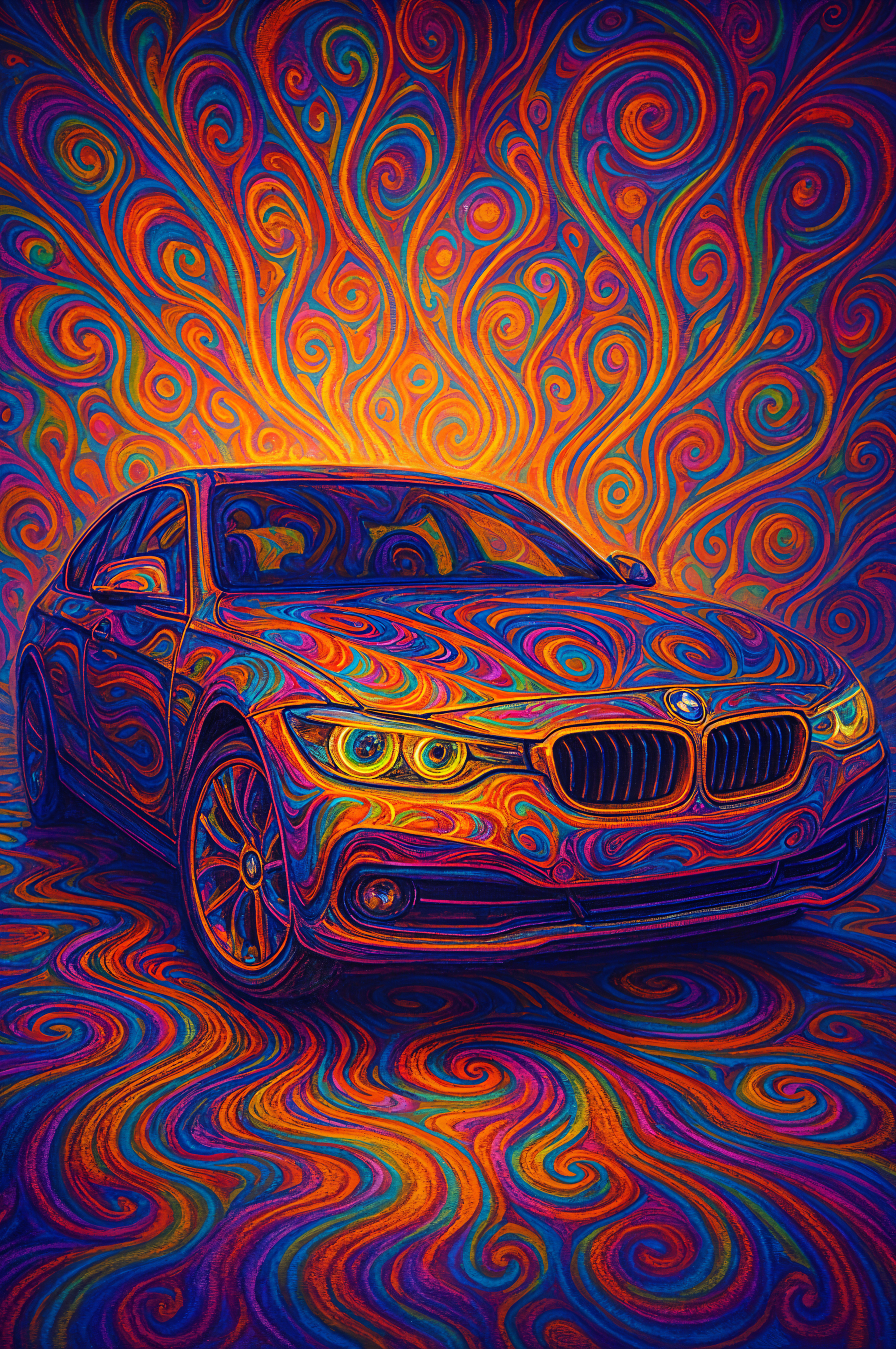 Psychedelic phone wallpaper of a BMW sedan covered in swirling neon patterns, with kaleidoscopic colors radiating behind and across the car.