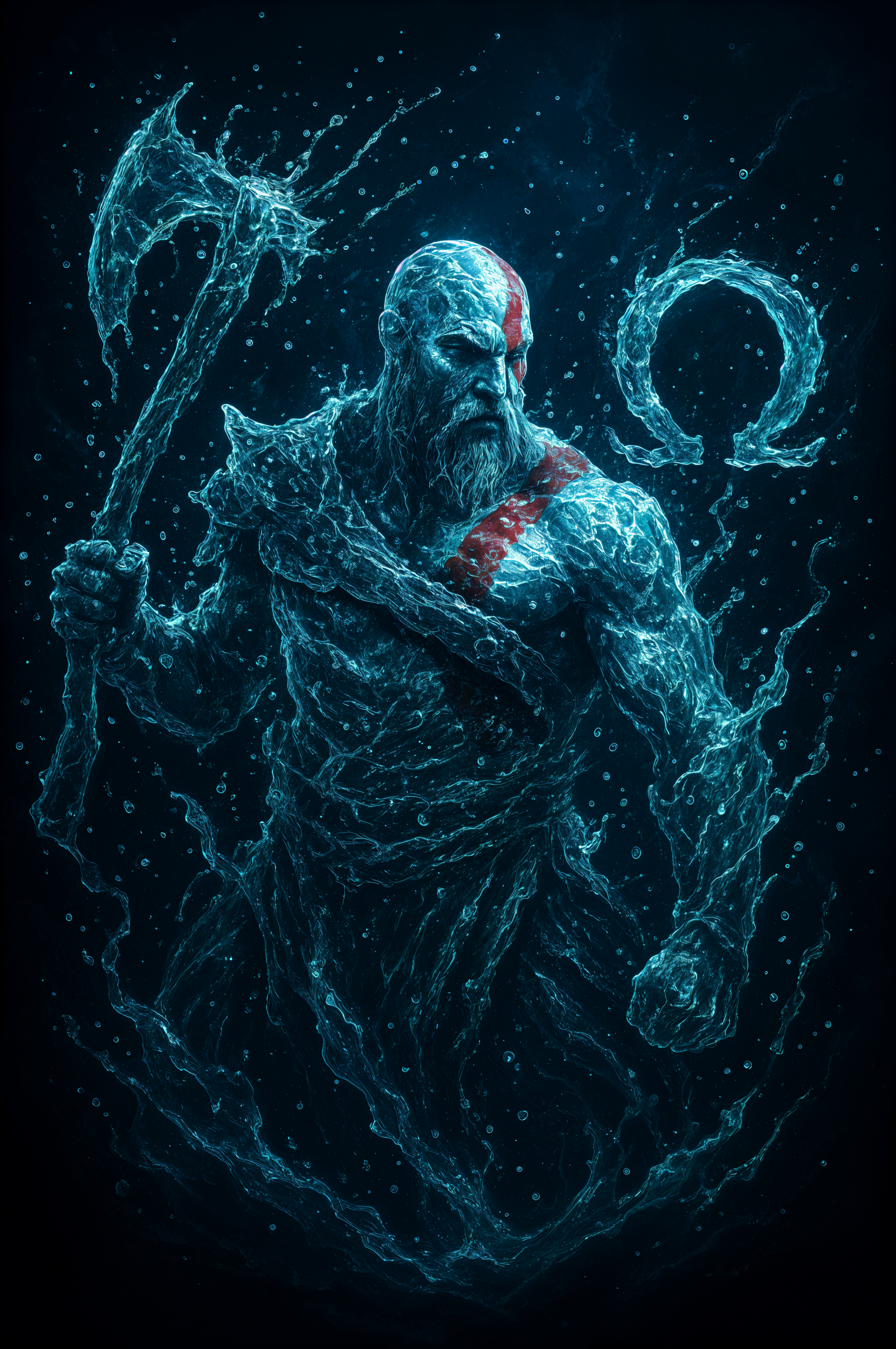 Phone wallpaper of God of War’s Kratos: a spectral, water-formed warrior with red war paint, clutching a glowing ice axe beside a luminous omega symbol on a dark, starry background.