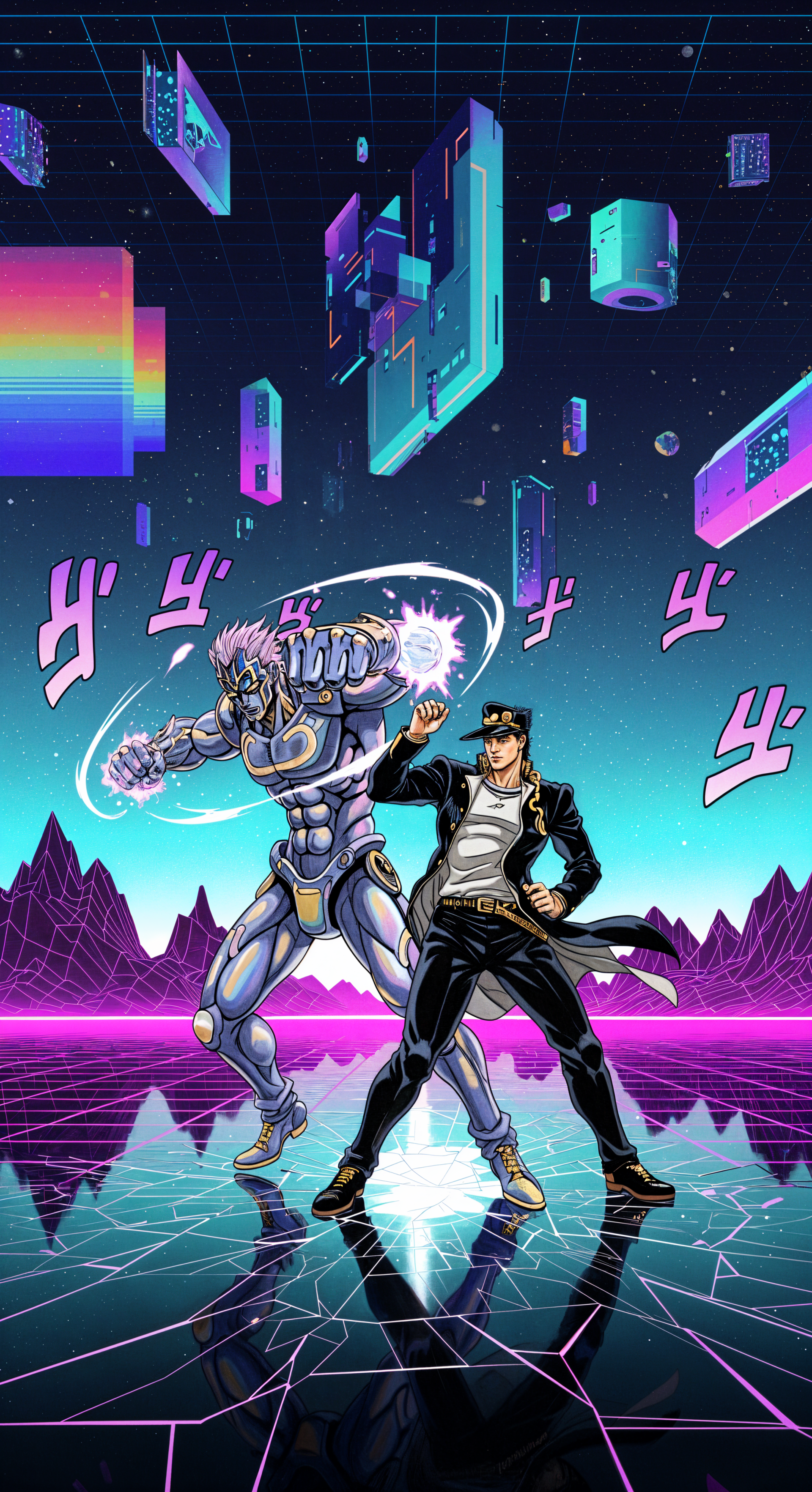 Phone wallpaper of Jotaro Kujo and his Stand Star Platinum from JoJo's Bizarre Adventure, posed on a neon retro-futuristic grid with floating geometric shapes and pink onomatopoeia glyphs.