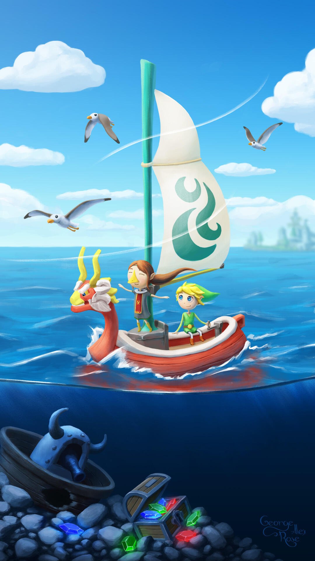 Phone wallpaper of The Legend of Zelda: The Wind Waker / HD — cel‑shaded Link and Tetra sailing the King of Red Lions, seagulls above and a sunken treasure chest visible beneath the waves.
