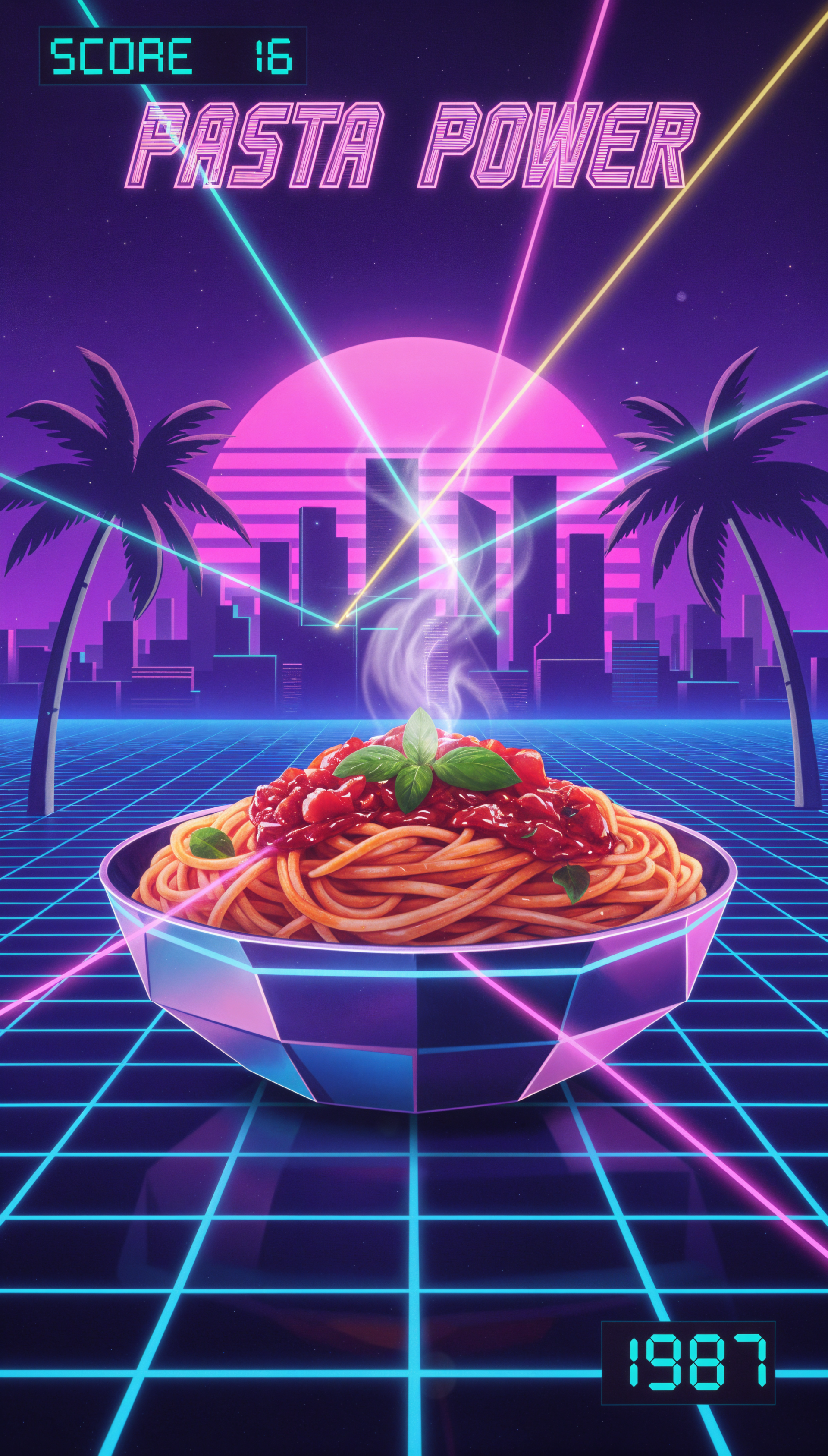 Phone wallpaper showing a steaming bowl of spaghetti with tomato sauce and basil beneath PASTA POWER neon text, retro grid, palm trees, city skyline and laser beams; score 16, 1987.