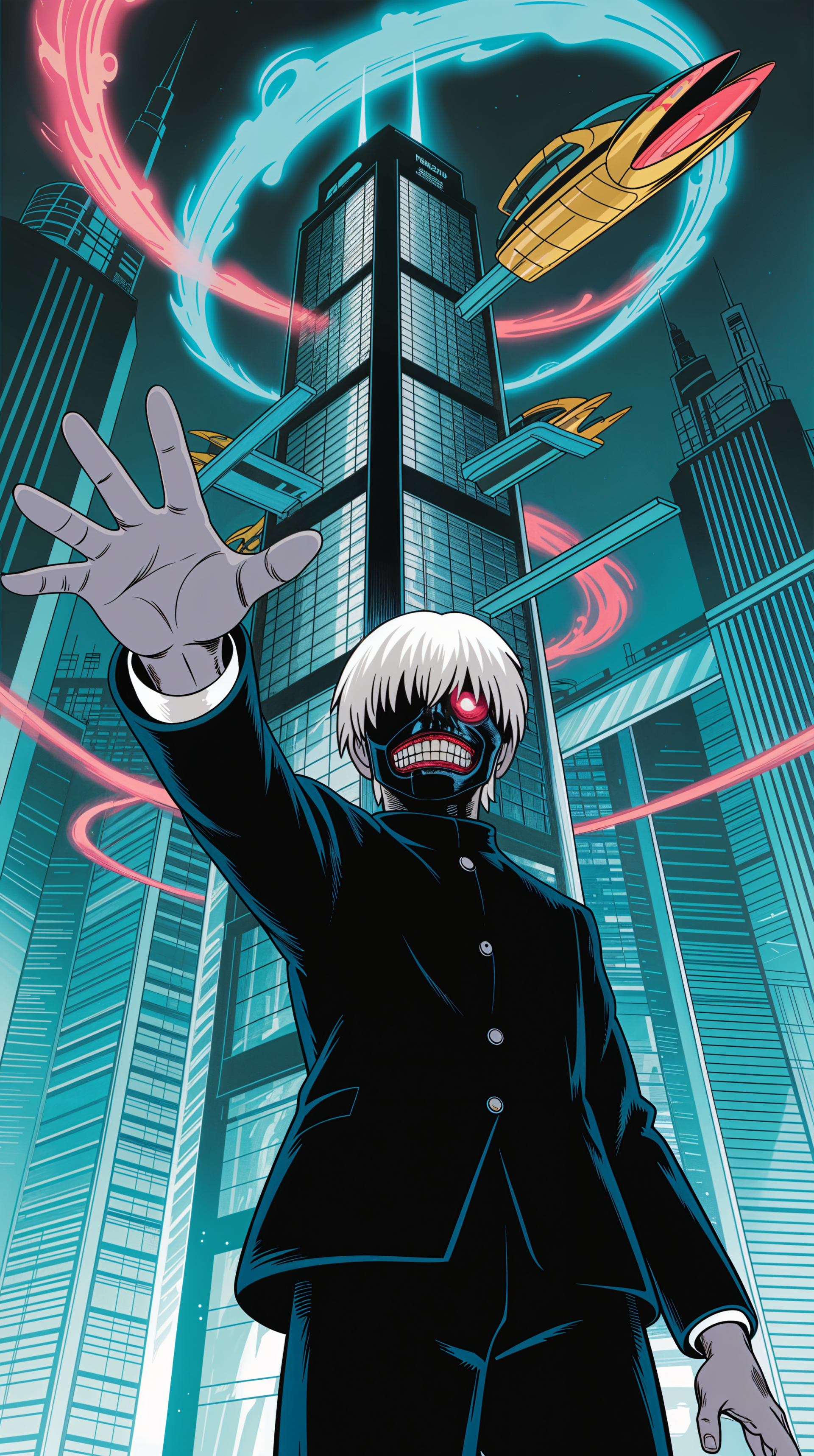Phone wallpaper of Kaneki (Tokyo Ghoul) reaching forward with a masked red eye and grin, neon skyscrapers behind him and swirling red and blue kagune energy.