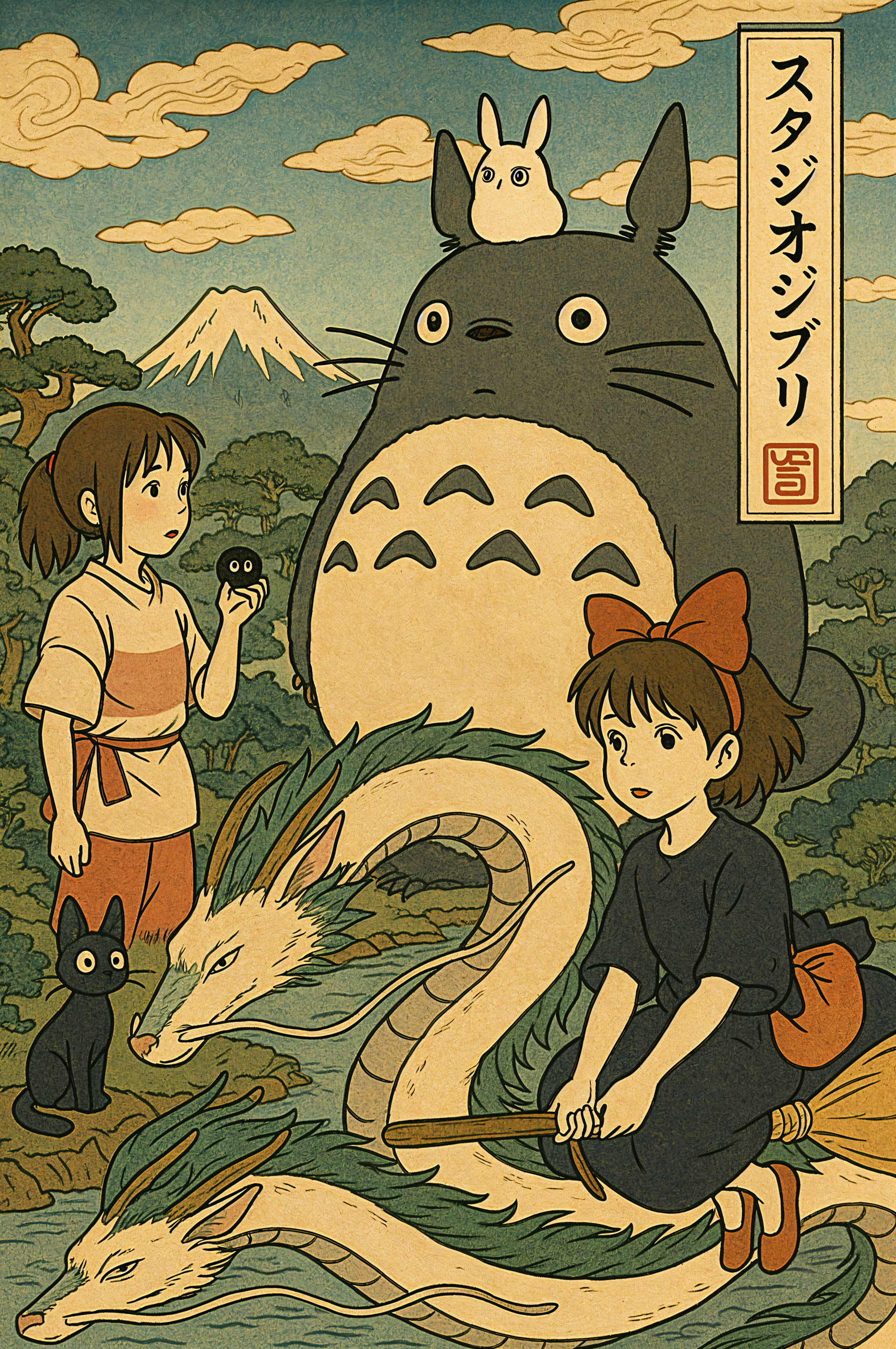 Phone wallpaper of Studio Ghibli characters — Totoro, Chihiro, Kiki, Haku (dragon), soot sprite and Jiji — rendered in a vintage ukiyo-e style with Mt. Fuji and forest background.